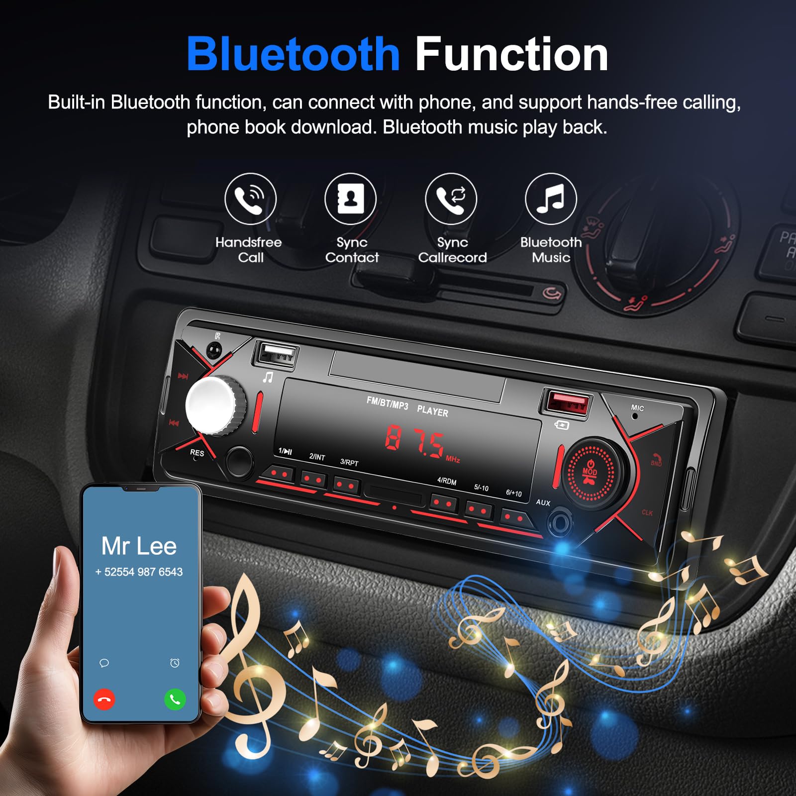 Auto Radio mit Bluetooth, Autoradio mit FM Radio/AUX/EQ/USB/RCA/U Disk/EQ/SWC, Autoradio 1 Din Unterstützung MP3 Player 12V