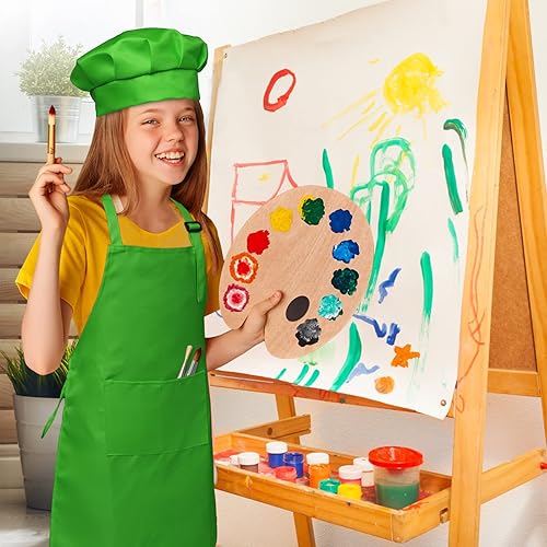 Miniatura 5 de Juego de delantal y sombrero de chef para niños, 8 piezas de delantales ajustables con bolsillos para cocina, cocina, hornear, pintura