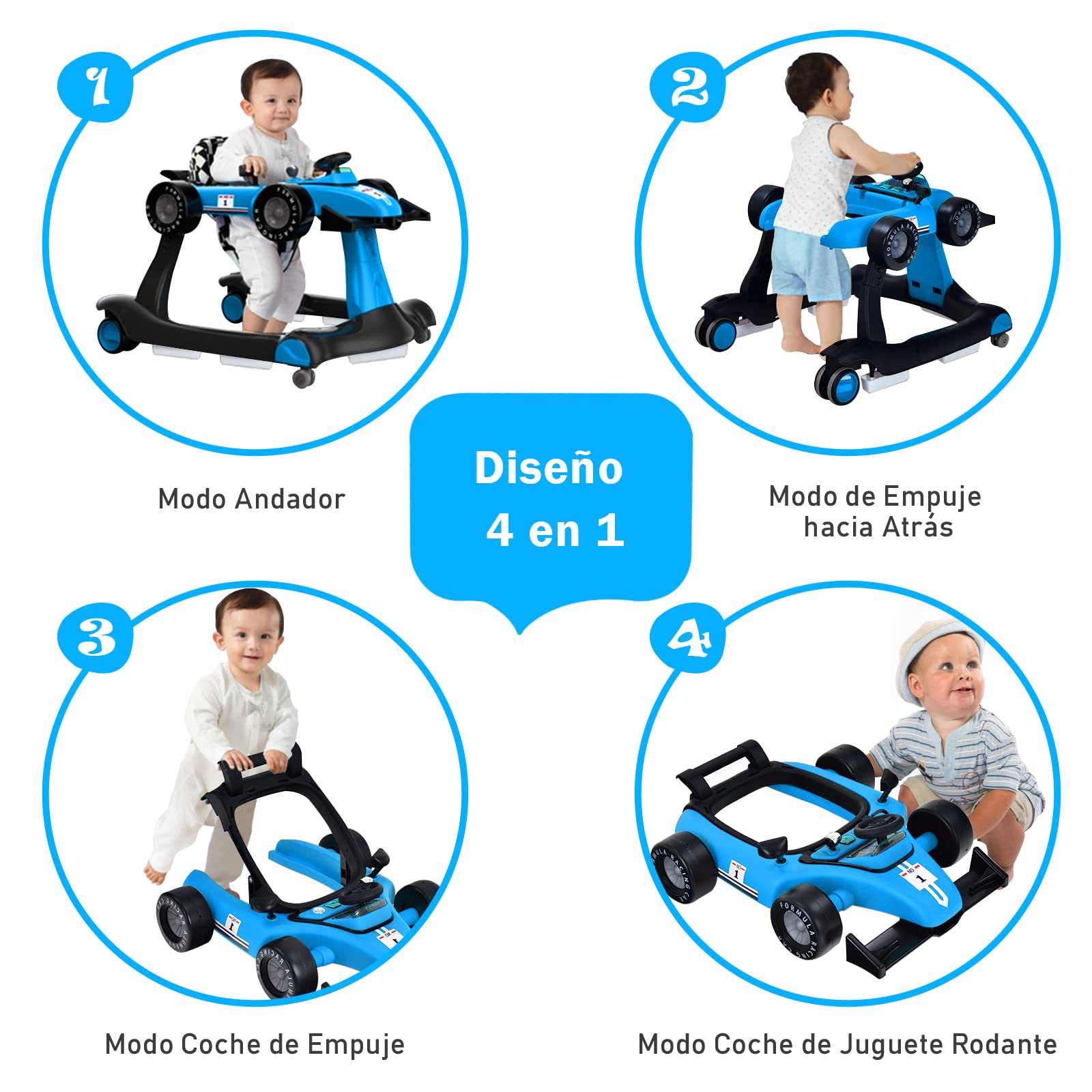 COSTWAY 4 en 1 Andador Bebes, Tacata Bebe Plegable con Altura y Velocidad Regulables, Carillón con Luces, Volante y Asiento con Cojín, Diseño Antivuelco, Caminador para Bebe de 6-18 Meses — view 2