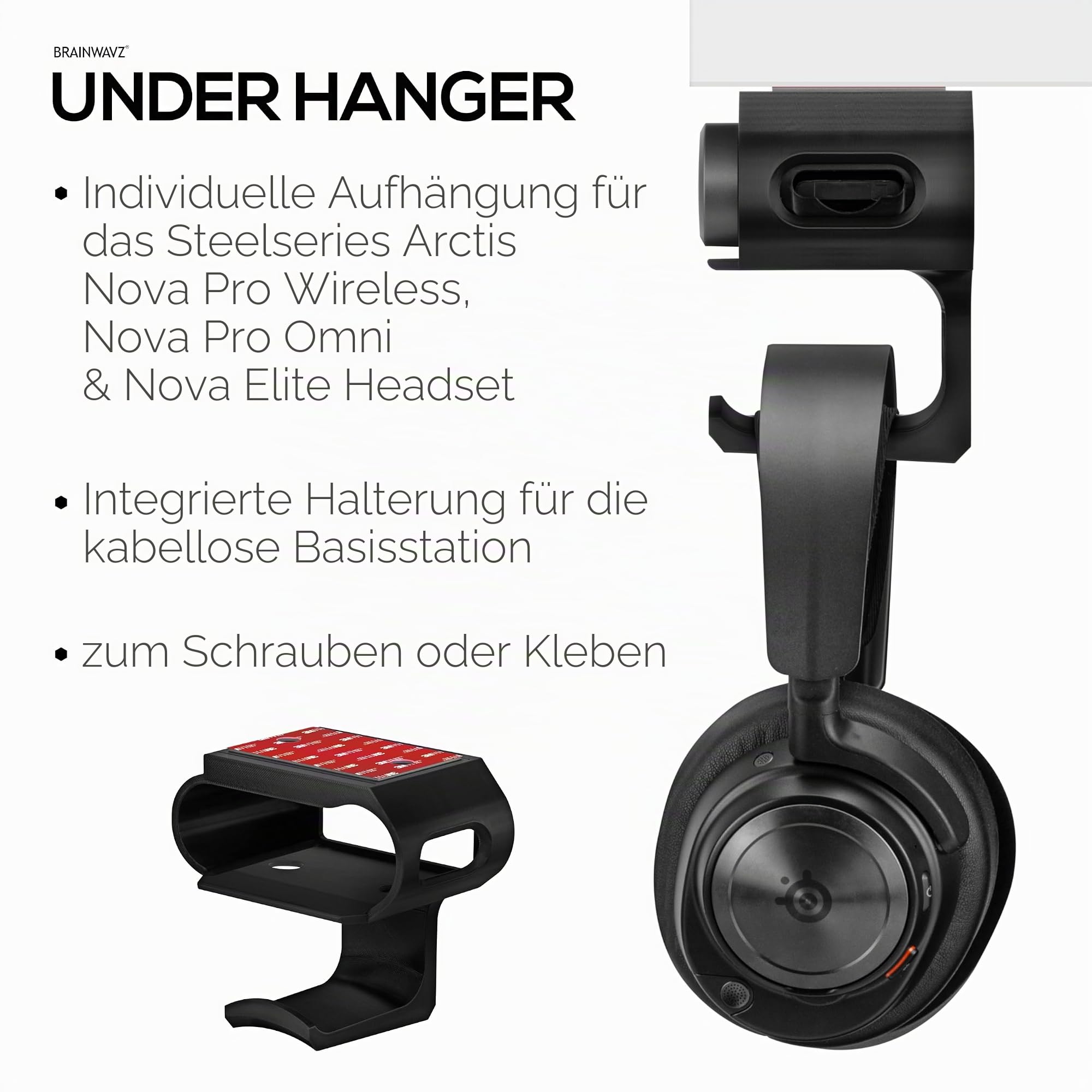BRAINWAVZ Untertisch-Kopfhörer-Aufhänger für Steelseries Arctis Nova Pro kabellose Headsets mit Dock für die kabellose Basisstation (HPS02)
