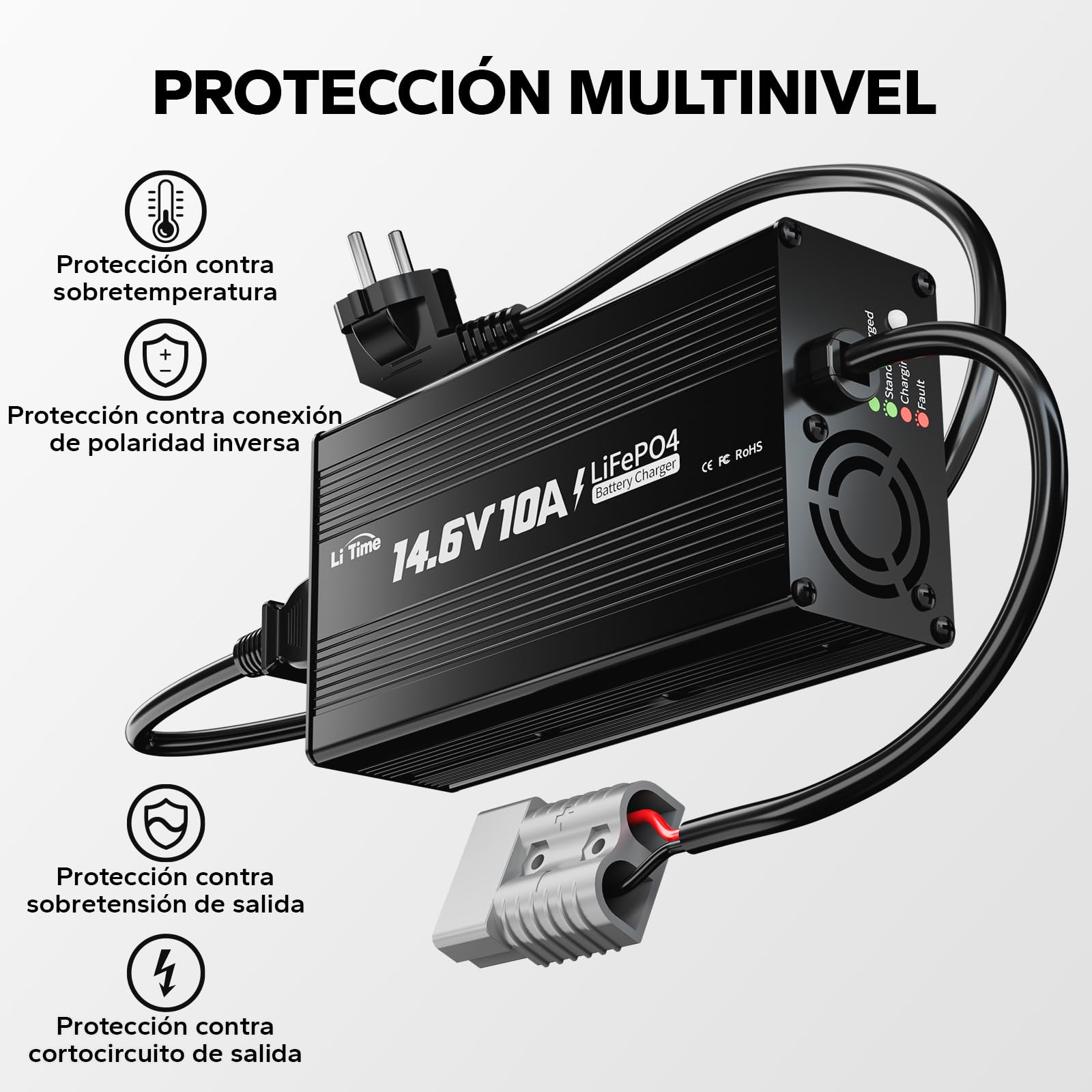 LiTime 12V 10A Cargador de Batería de Litio, 14,6V CA-CC Cargador Lifepo4 con Conectores Anderson e Indicadores LED, Cargador de Baterías para Baterías Recargables de Ciclo Profundo para Coches