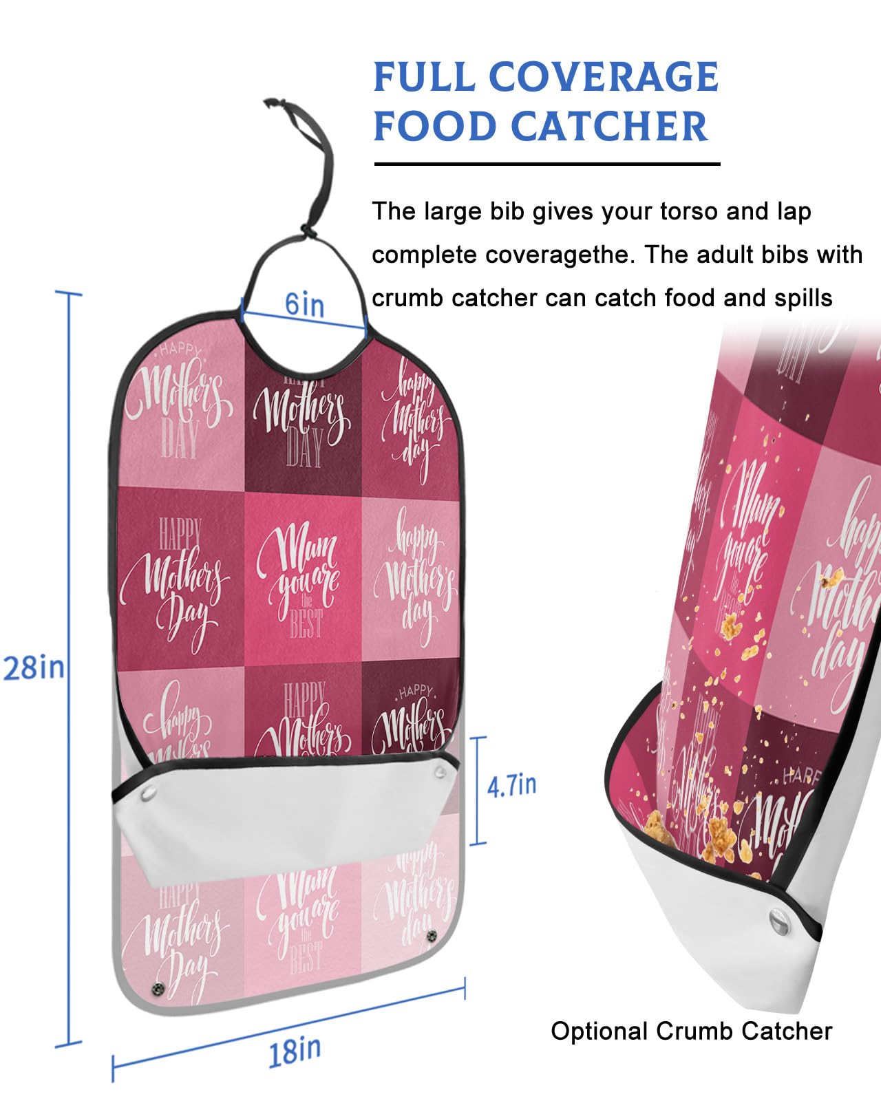 Mother's Day Adult Bib for Eating with Crumb Catcher,Washable & Waterproof Terry Cloth Adjustable Elderly Women Men Adult Bibs Funny Apron Clothing Protector Ombre Pink Lattices Happy Mother's Day