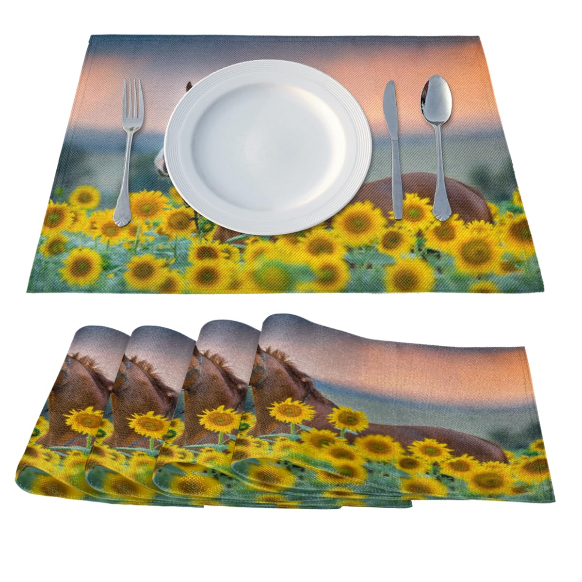 Set di 6 tovagliette all'americana con girasole e cavalli, per tavolo da pranzo, antiscivolo, resistenti al calore, lavabili, in lino