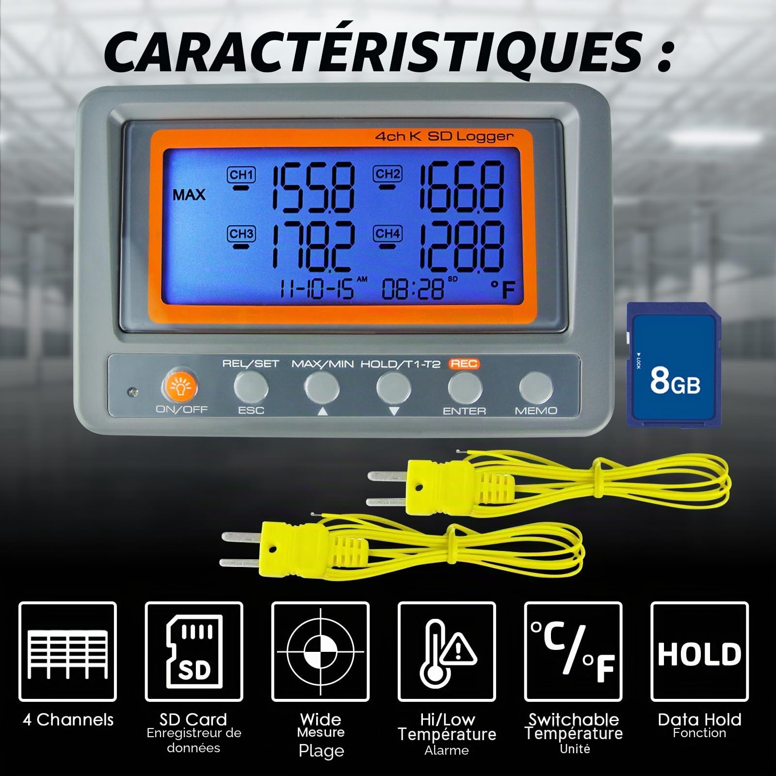 Thermomètre thermocouple numérique 4 canaux type K avec fonction enregistreur de données sur carte SD, alarme de limite haute/basse programmable, capteur de température multi-canaux,