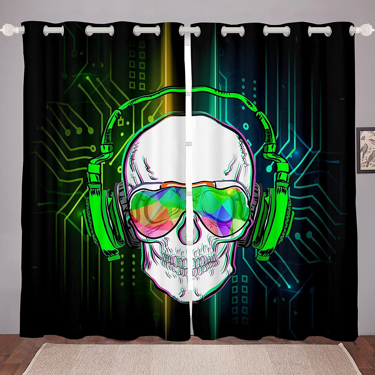 Loussiesd Skull Curtain for Boys Bedroom Decor Black Green Skeleton Curtains Skull Window Treatments Teens Skull Print Living Room Home Drapes Kids Music Headphones Notes Curtains W66*L90
