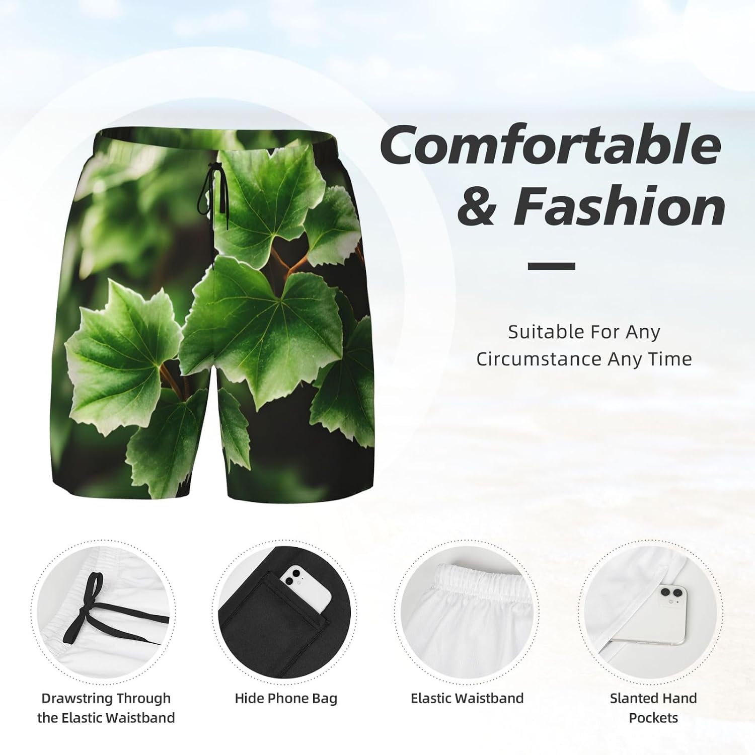 Ivy Blossoms Tree Print Mens Swim Trunks with Compression Liner Casual Shorts Summer Beach Quick Dry Shorts