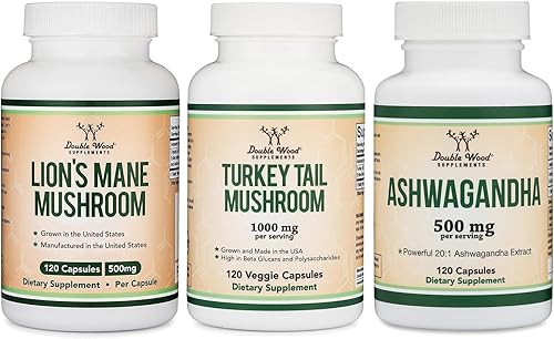 Double Wood Supplements Seta melena de león 120 unidades, cola de pavo 120 unidades, Ashwagandha 120 unidades