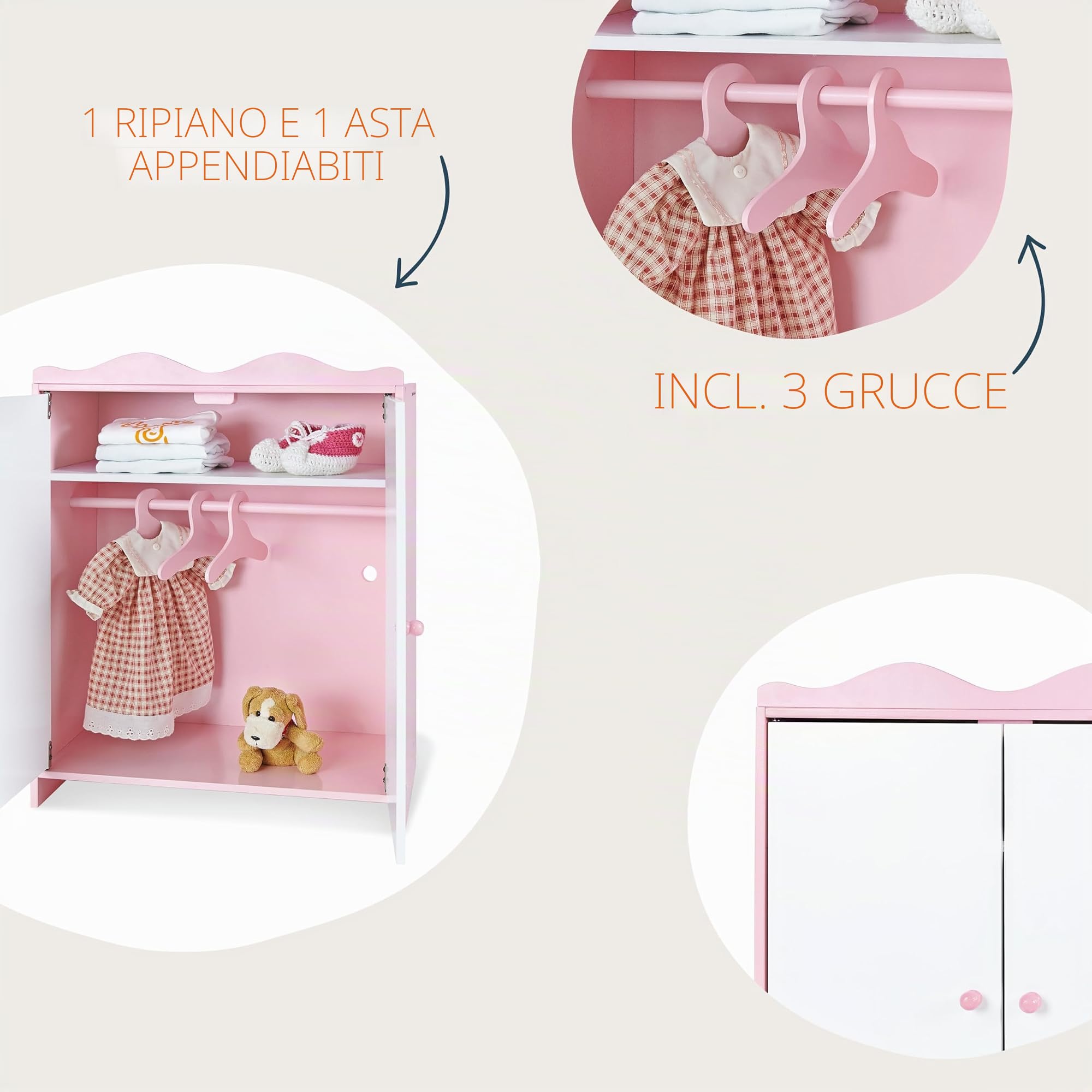 Pinolino Armadietto per Bambole Jasmine in Legno con 1 ripiano, 1 Appendiabiti e 3 Ganci, mobili per Bambole da 2 Anni, Rosa e Bianco