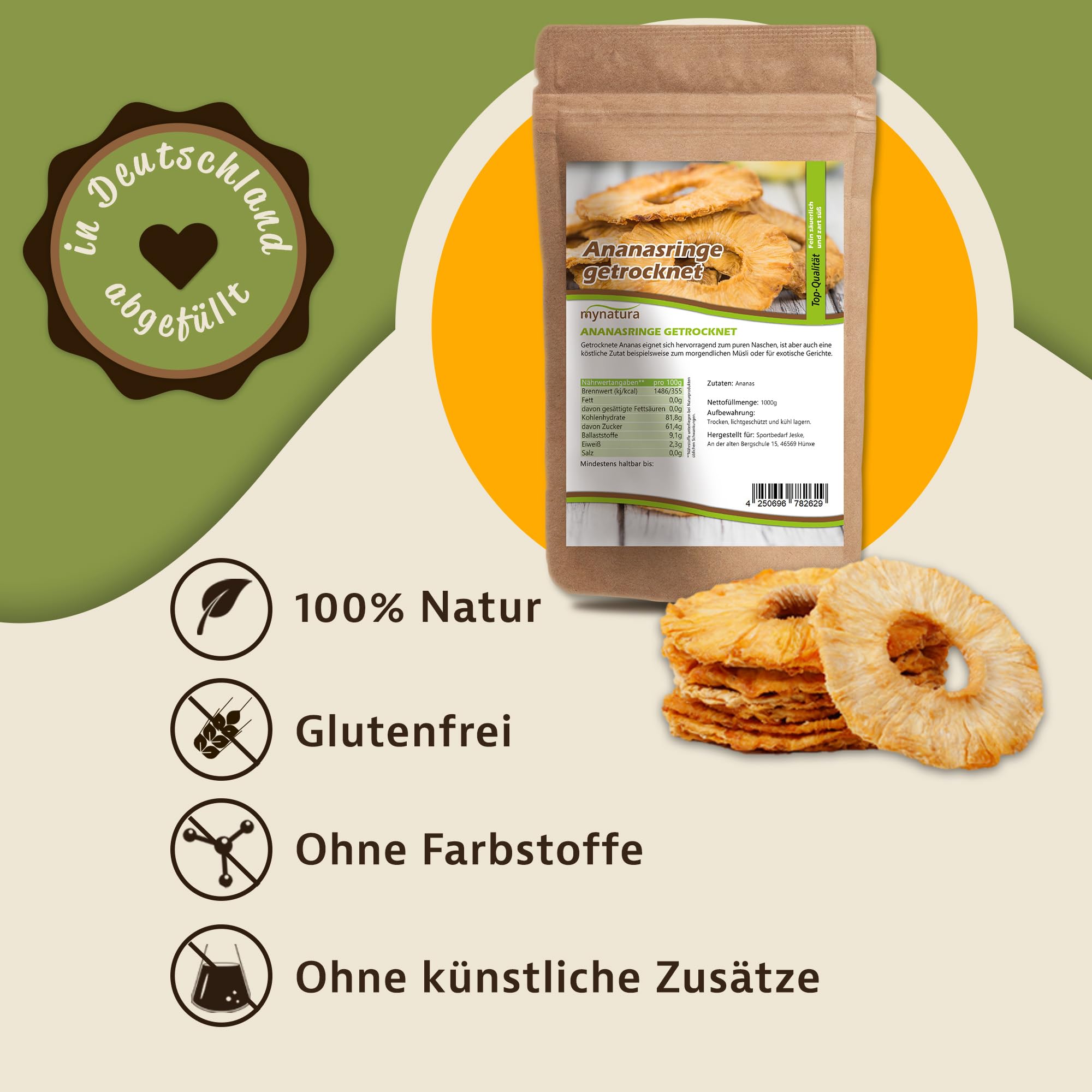 Mynatura Ananasringe getrocknet I Ohne Zusätze I Naturbelassen I Ananas I Backen I Kochen I Snack I Müsli I Vegan I Beutel (2x 1000g)