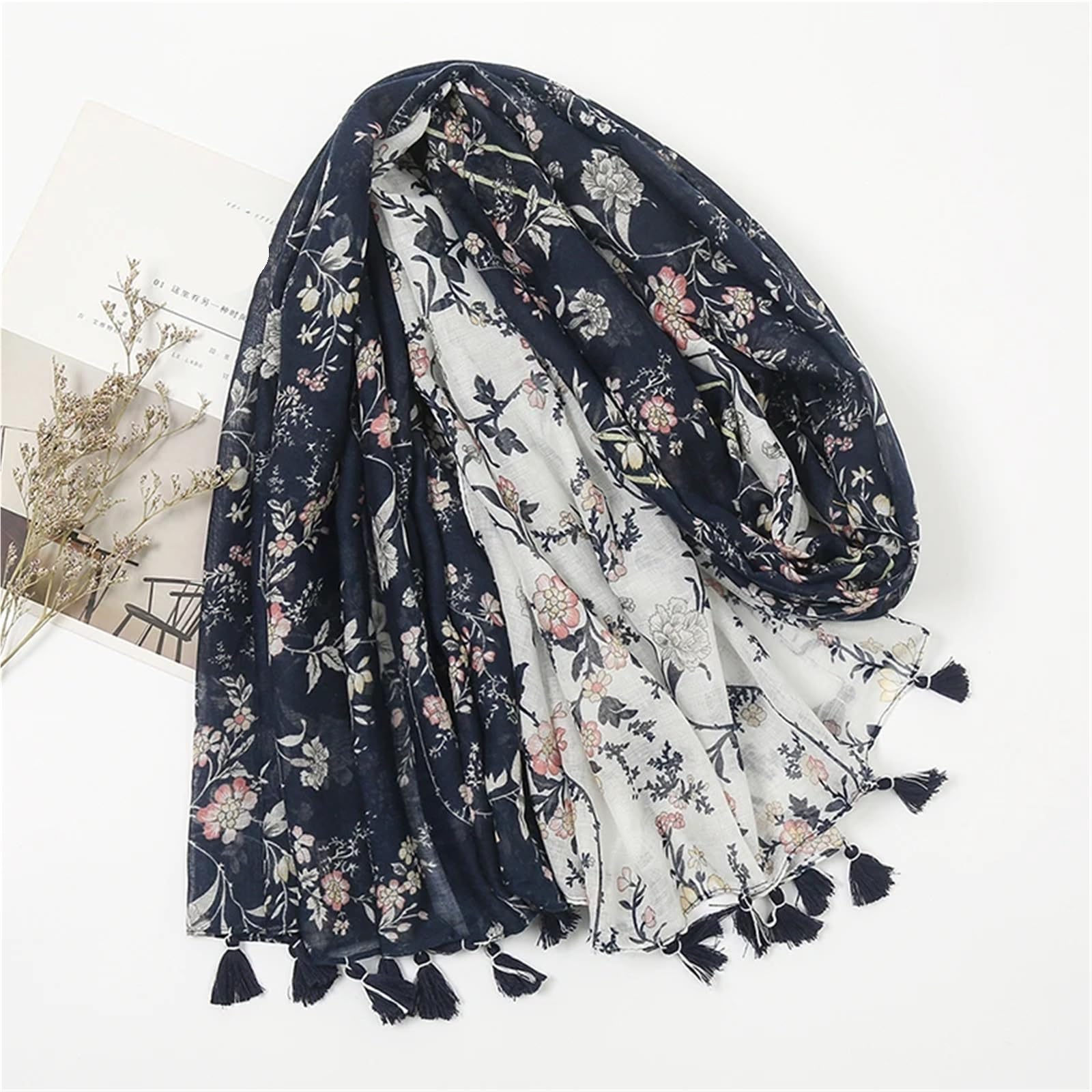 Sciarpa di Primavera 2 Pezzi Sciarpa da Donna in Cotone e Lino con Stampa Floreale e Nappe, Sciarpa Primaverile Vintage, 180 * 90 cm