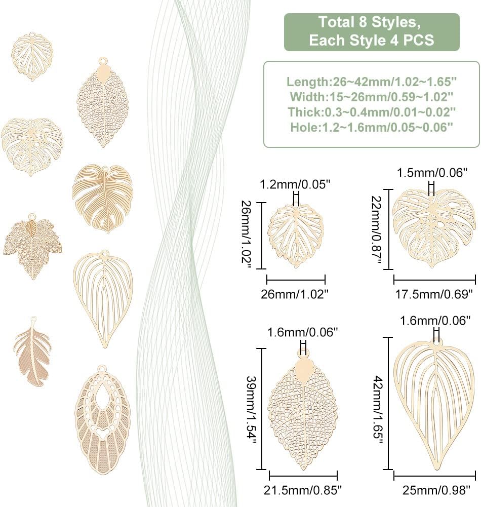 PH PandaHall 32pcs 8 Style Tree Leaf Charms for Fall, Brass Monstera Leaf Pendants Filligree Etched Maple Leaf for Necklace Earring Jewelry Making Keychain Bag Dcoration - Image 2