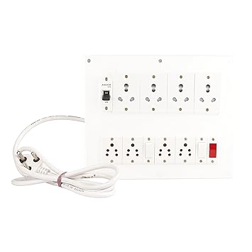 BAHUL RISHIKA Power strip extension Multi Outlet Havy Duty Board Fitted with 4 Anchor Cona Sockets (15- Amp) & 4 (5 Amp) with 2 Switch With 1 Indicater With 1 Mc With 4 Metre Chord With 15 Amp Plug Big Surge Protector (White)