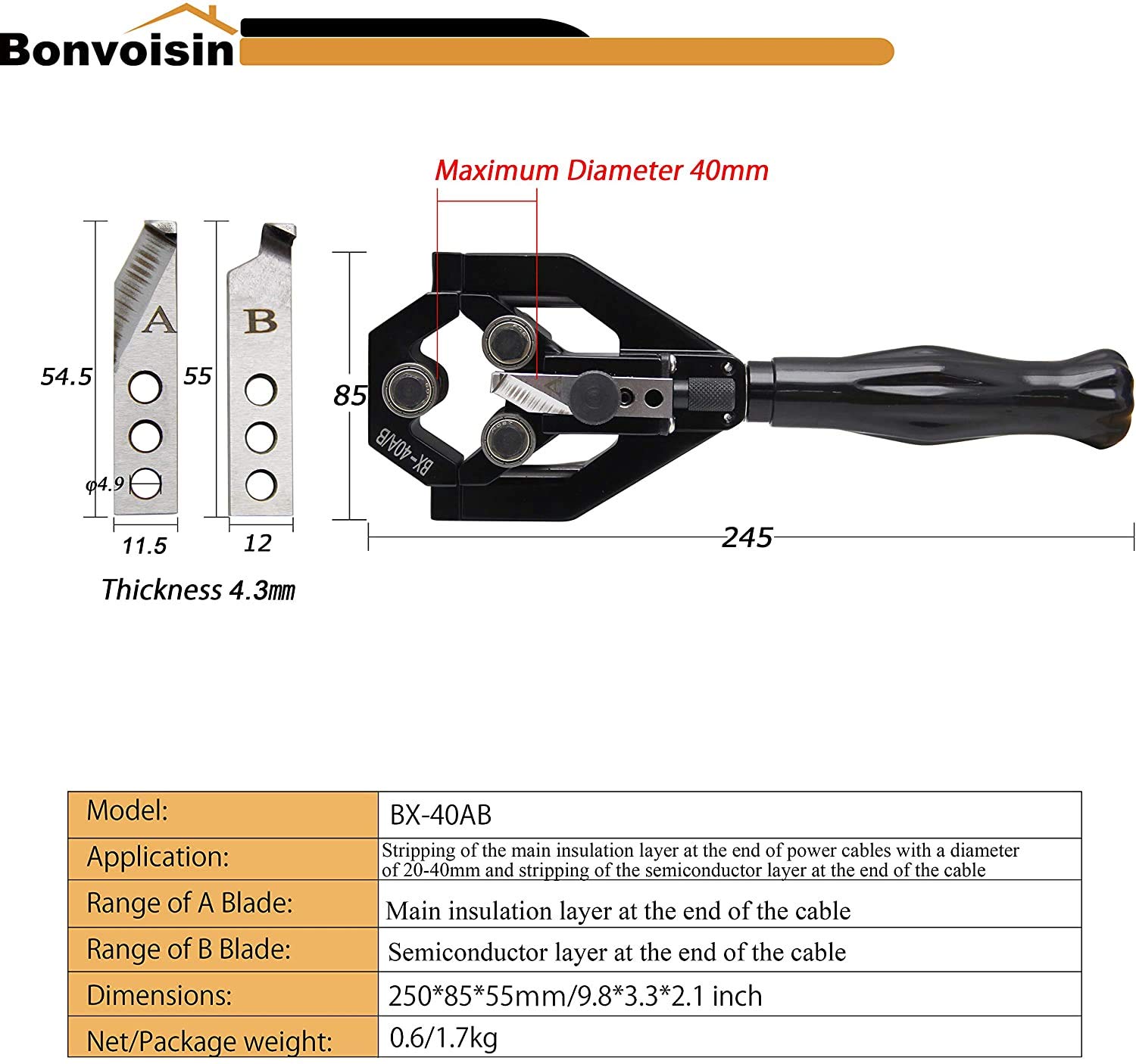 Bonvoisin Pinze spelafili multifunzione per cavi spellafili spelafili per pelare strati isolanti di diametro 20 ~ 40 mm cavi 10kv (lame B + B)