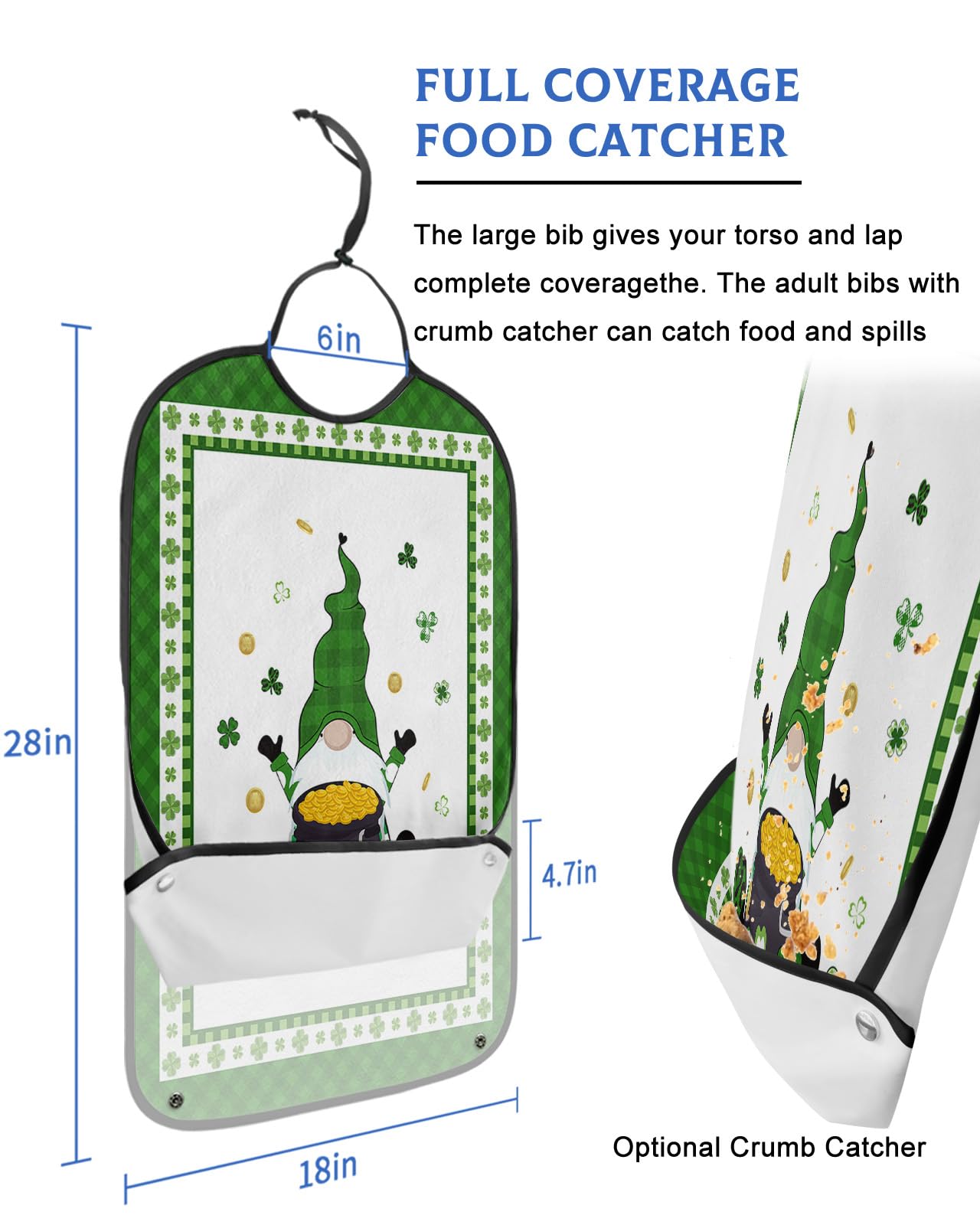St. Patrick's Day Gnomes Adult Bibs for Eating, Waterproof Bibs with Food Catcher & Adjustable Snap Closure, Green Checkered Lucky Clover Washable Clothing Protectors Adult Bibs for Elderly Women/Men