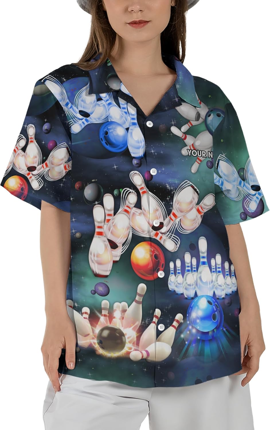 Customize Bowling Hawaii Theme Clothes Print Button Shirt with Neon Bowling Theme and Galaxy Pattern Graphic On it for Bowler