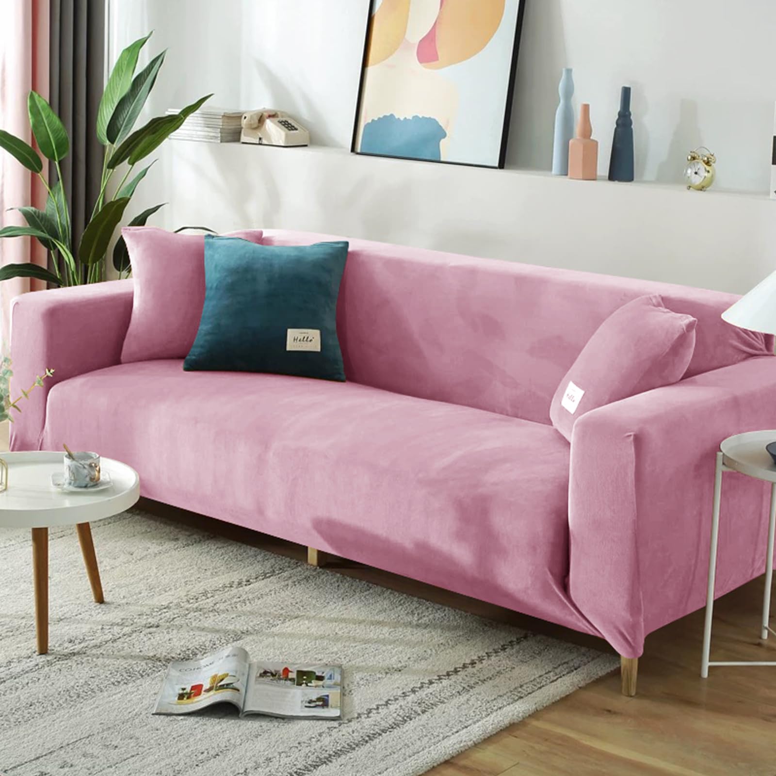FANSU High Stretch Sofa Covers 1/2/3/4 Seater, Turquoise Plush Soft Elastic Non Slip Sofa Slipcover Washable Universal Couch Sofa Cover for Kids Pets Living (4-Seater,Pink)