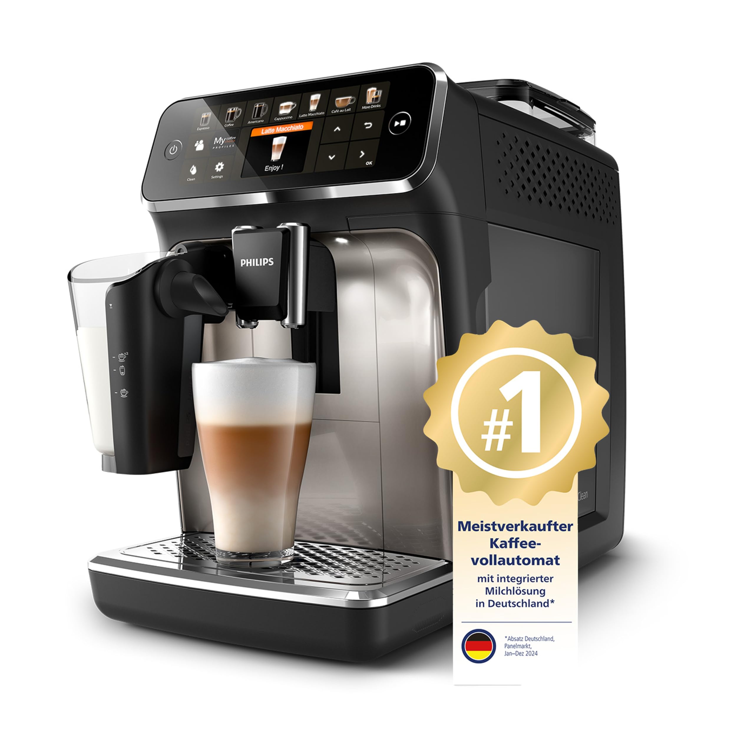 PHILIPS Serie 5400 Kaffeevollautomat LatteGo EP5447/90 12 Getränke Touchscreen Chrom-Finish