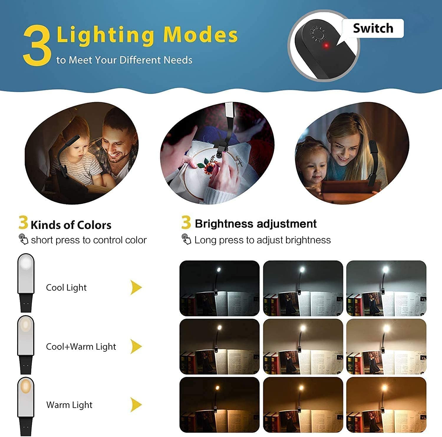 Luce Notturna Lampada da scrivania Nera, Luce da Lettura a LED Ricaricabile Tramite USB con sensore tattile, Clip Flessibile sulla Luce del Libro per la Lettura a Letto Luce di Lettura