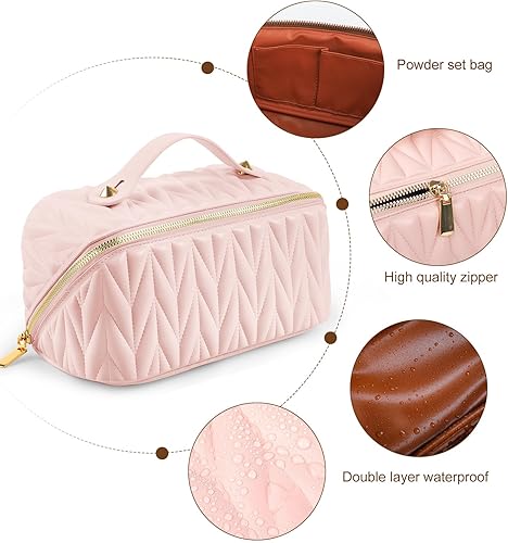 Miniatura 3 de Bolsa de maquillaje de viaje, bolsa de maquillaje portátil de gran apertura, se abre plana para un fácil acceso, bolsa de aseo personal, bolsa de
