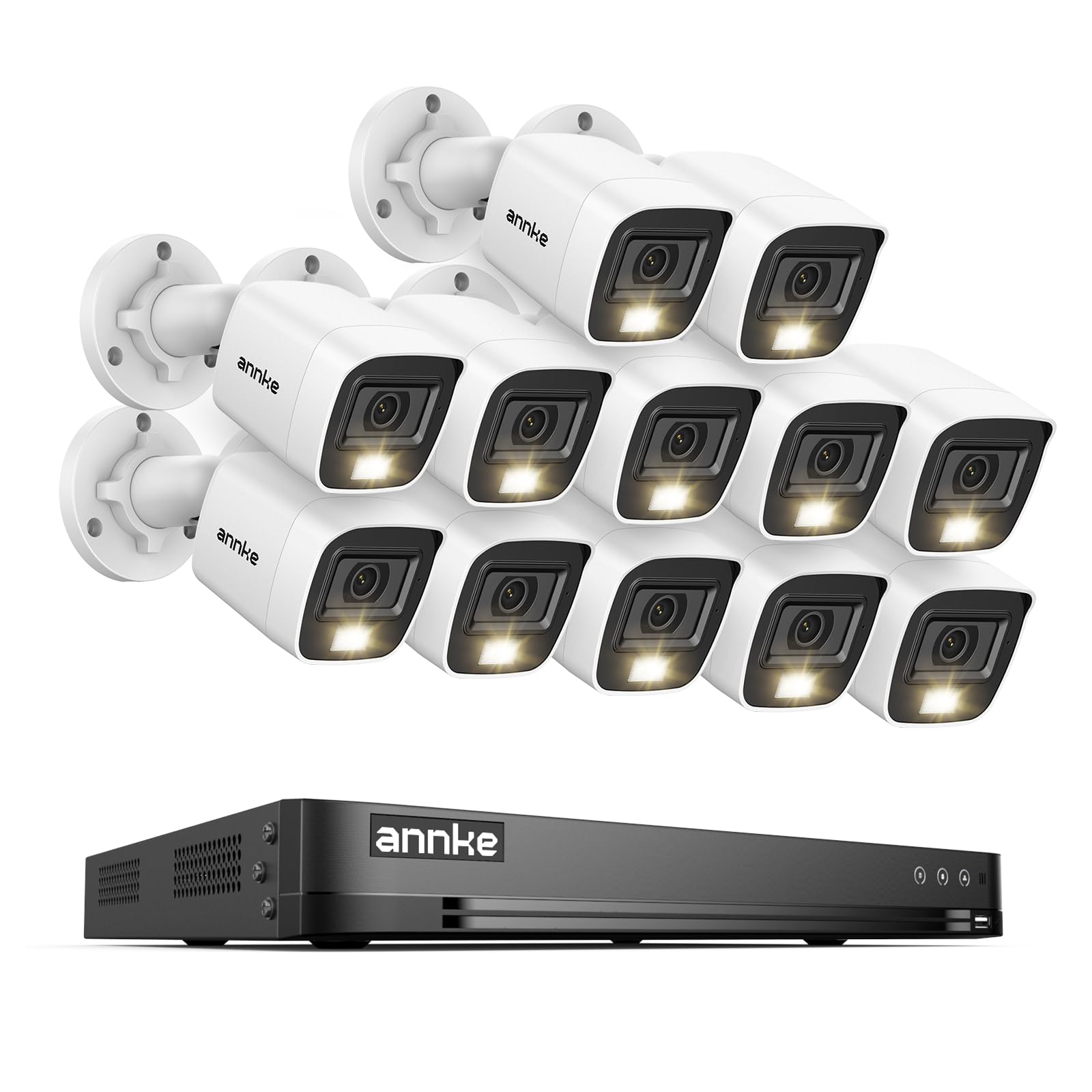 ANNKE 32-kanałowy rejestrator 3K Lite DVR z funkcją rozpoznawania ruchu AI, 12 x 1080p analogowa kamera bezpieczeństwa z inteligentnym noktowizorem kolorów, IP67, przewodowa kamera Bullet, bez dysku