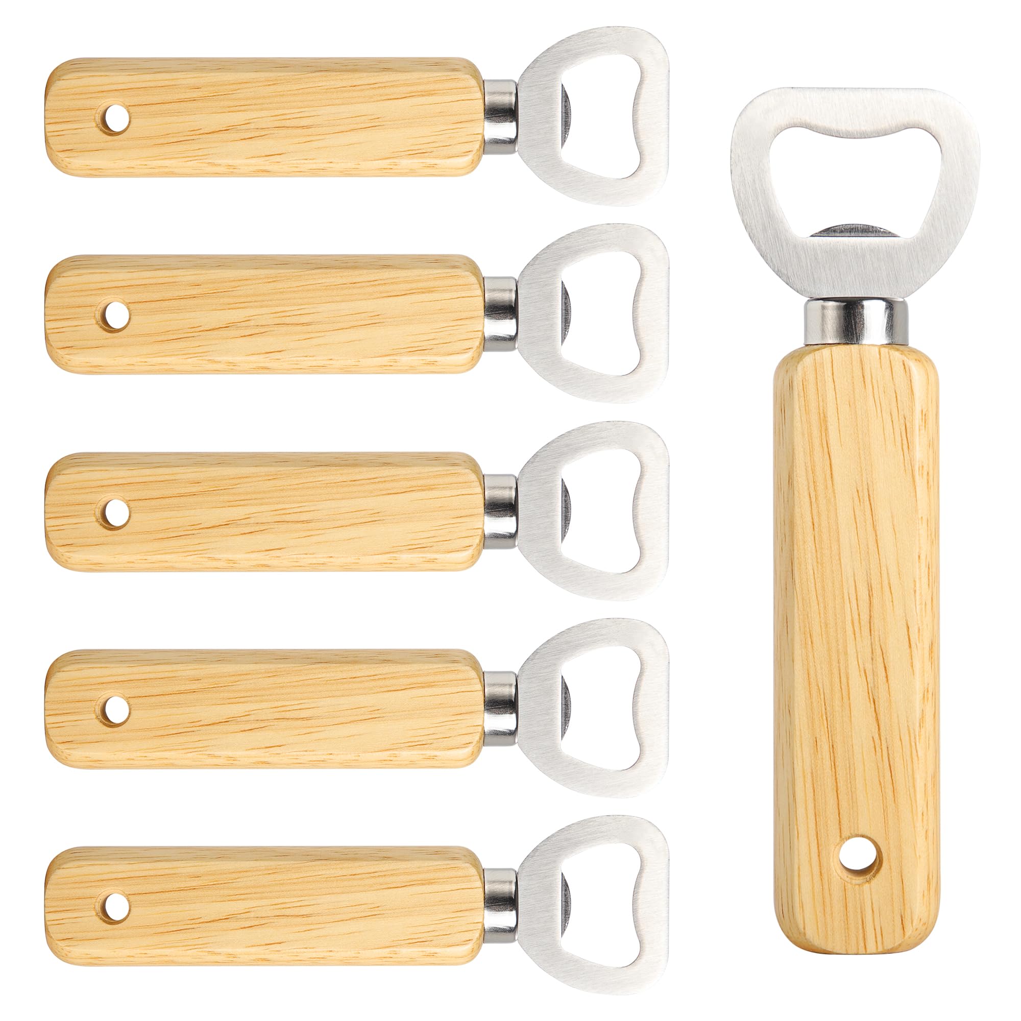 Gravierbare Flaschenöffner aus Holz, 6 Stück Hand-Bieröffner mit Edelstahlköpfen und Aufhängeloch – Individuelle Gestaltung für Zuhause, Bar, Partys und Geschenke KH1306