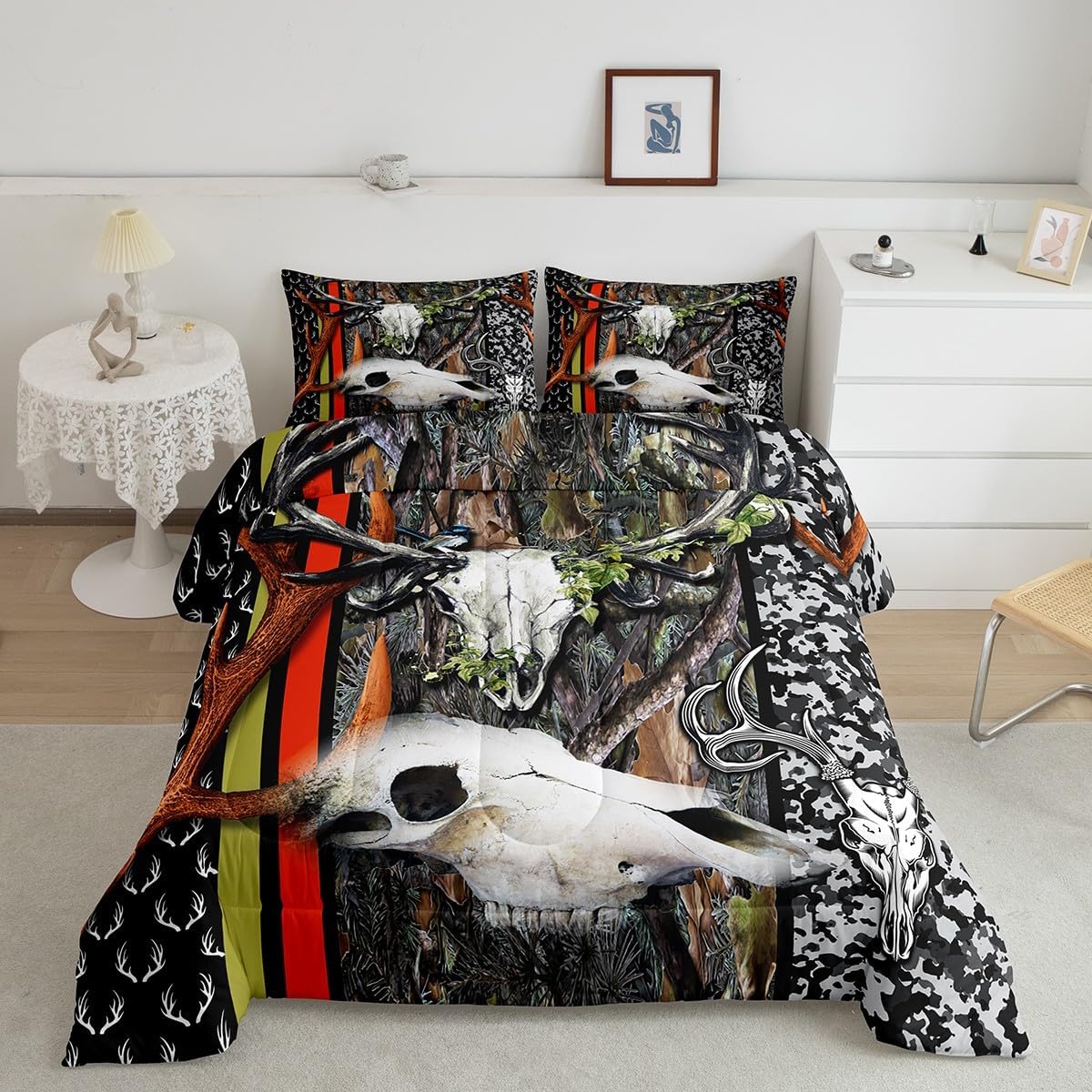 Camo Deer Duvet Set Hunting Wood Skull Deer Bedding Set for Kids Teens Boys Camouflage Deer Comforter Set Hunter Comforter 1 Comforter Set with 2 Pillowcases Full Size Boys Multi 06 Full