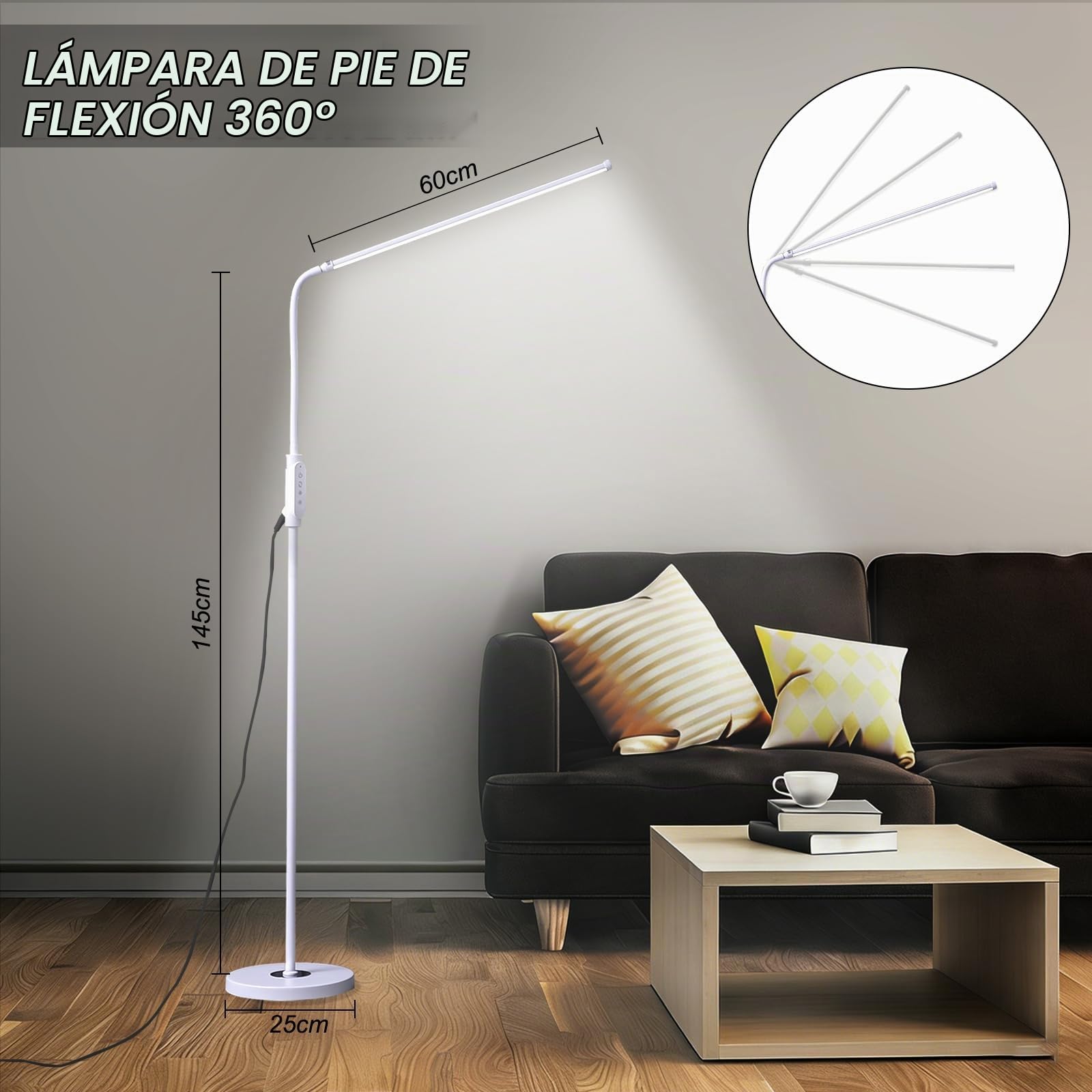 CGBE 60cm Lampara de Pie Salon 18W con Control Táctil - 3 Modos y 5 Brillos | LED Lámpara de Pie Sin Parpadeo 360° Flexible Lampara de Suelo para Dormitorios Oficinas Lectura Pestañas Tatuajes