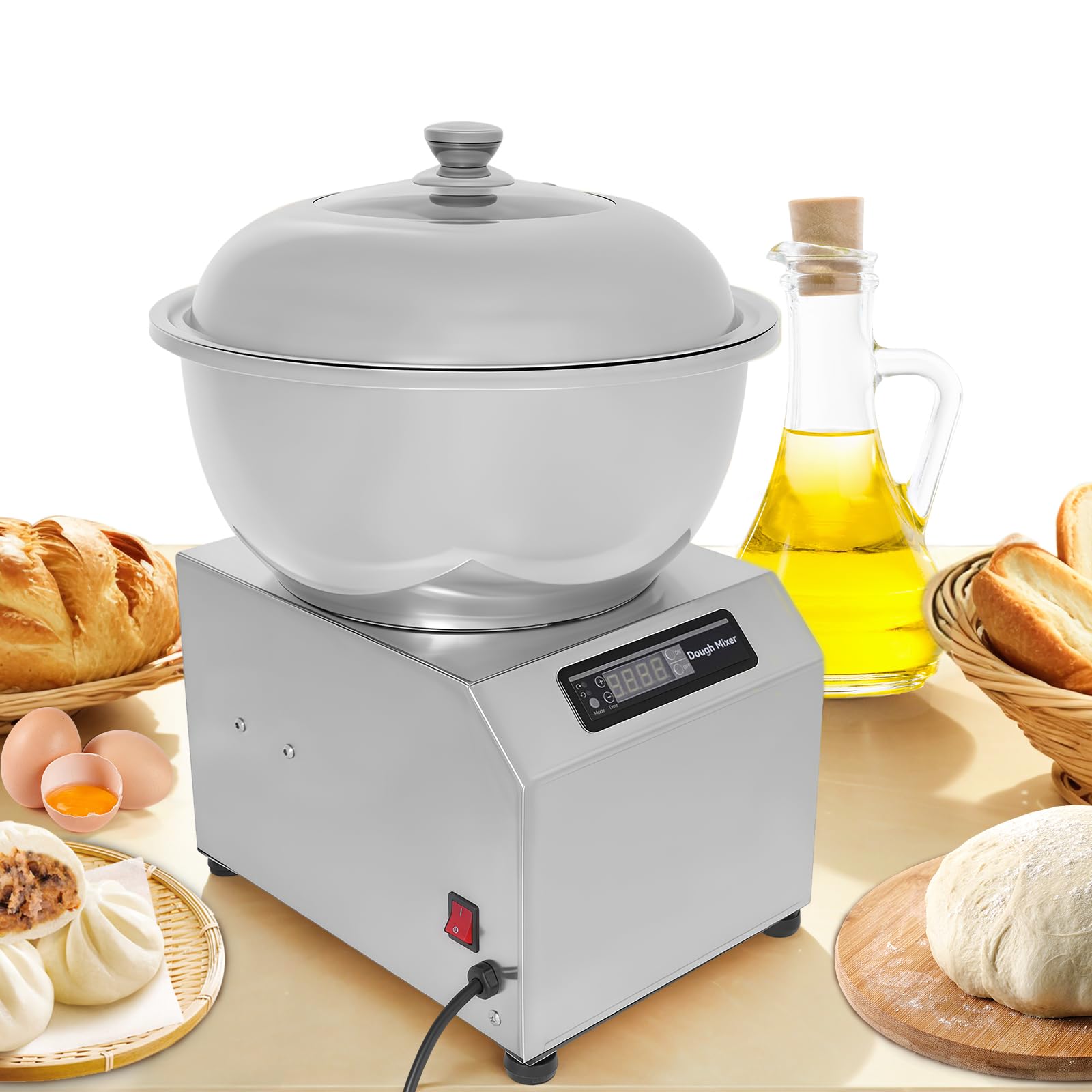 Macchina per impasto in acciaio inox, 8 kg, 750 W, con funzione di fermentazione e timer, doppia rotazione per ristoranti, panetterie e pizzerie