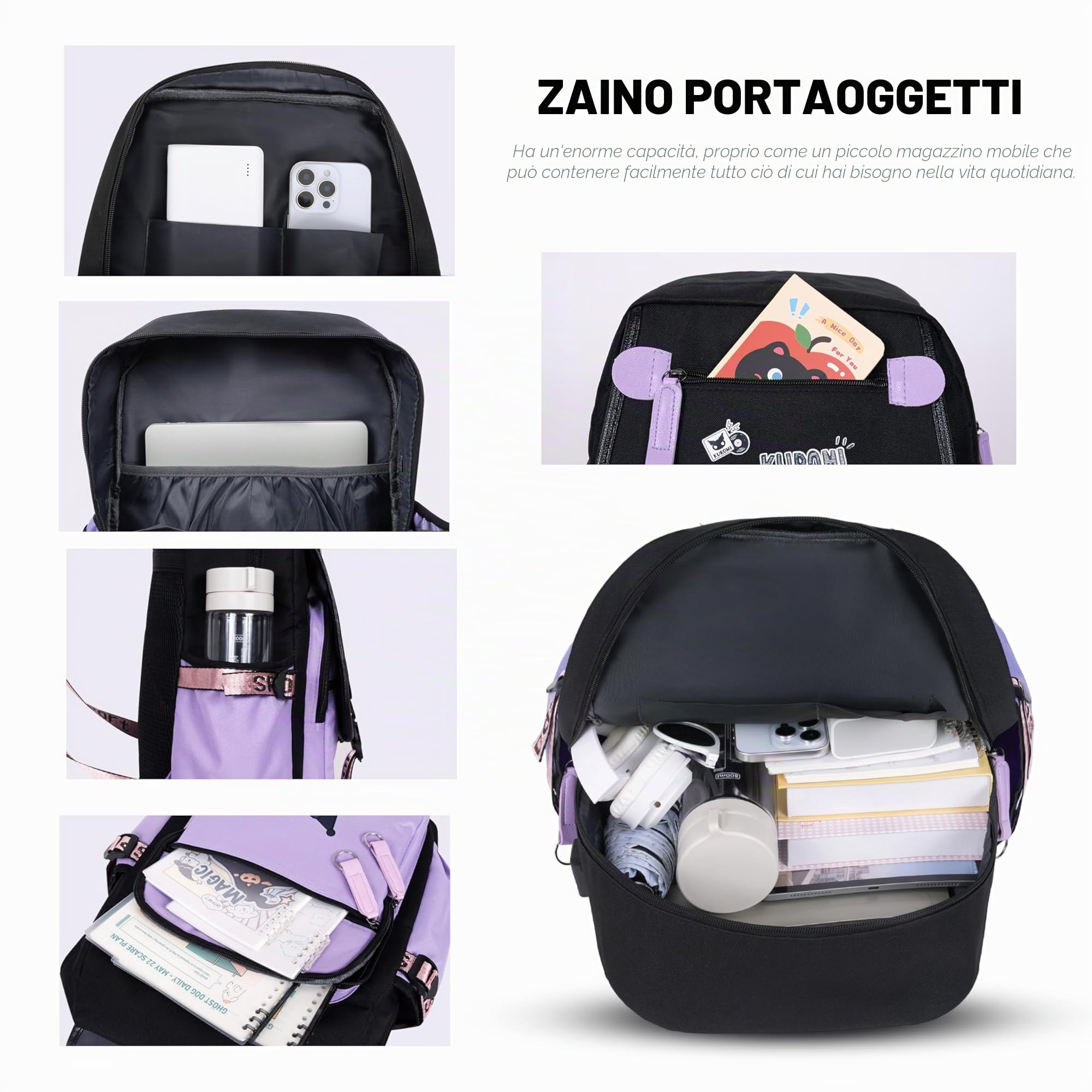 Roffatide Zaino da viaggio e da trekking per computer portatile, stile business casual, con stampa Anime Kuromi, 43,2 cm