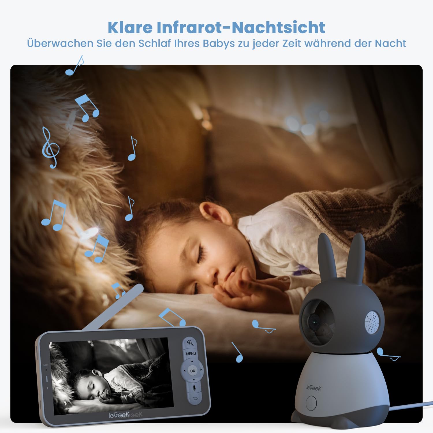 ieGeek Babyphone mit Kamera 2K 3MP, 5 Zoll WLAN Video-Babyfon mit PTZ 360°, Nachtsicht, Bewegungserkennung, App-Steuerung