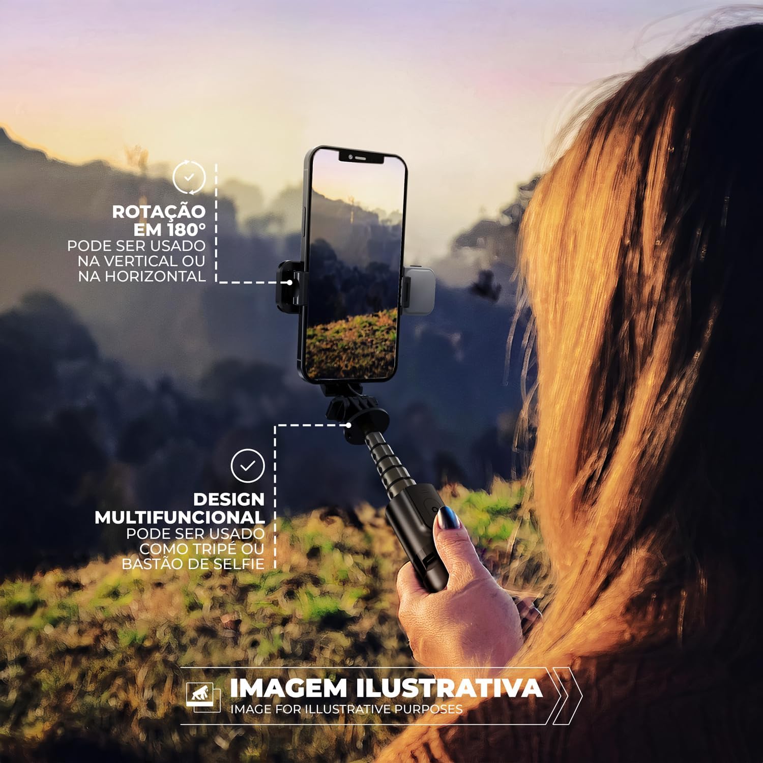 Gshield Tripé Bastão Multifuncional com Iluminação Flash Selfie Light Ajustável e Controle Bluetooth Removível, Survivor