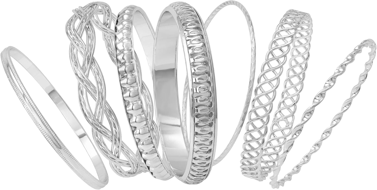 GUESS Silvertone 7-Piece Textured Bangle Bracelet Set - Image 2