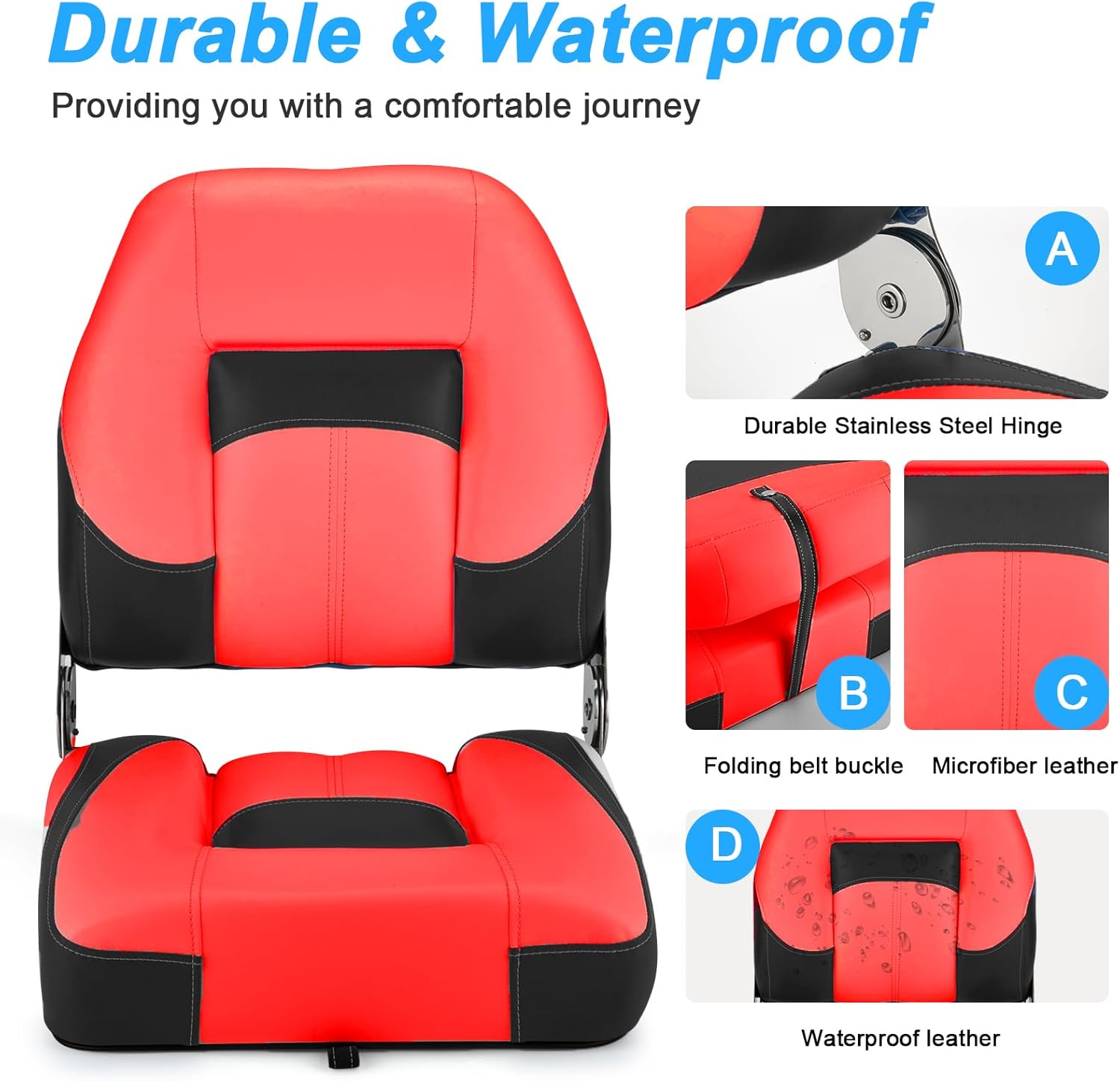 Folding Boat Seats Low Back 2 Pack, Waterproof Fishing Boat Captain Chairs, Stainless Steel Hinges and Microfibre Leather Includes 4 Stainless Steel Screws, Red and Black