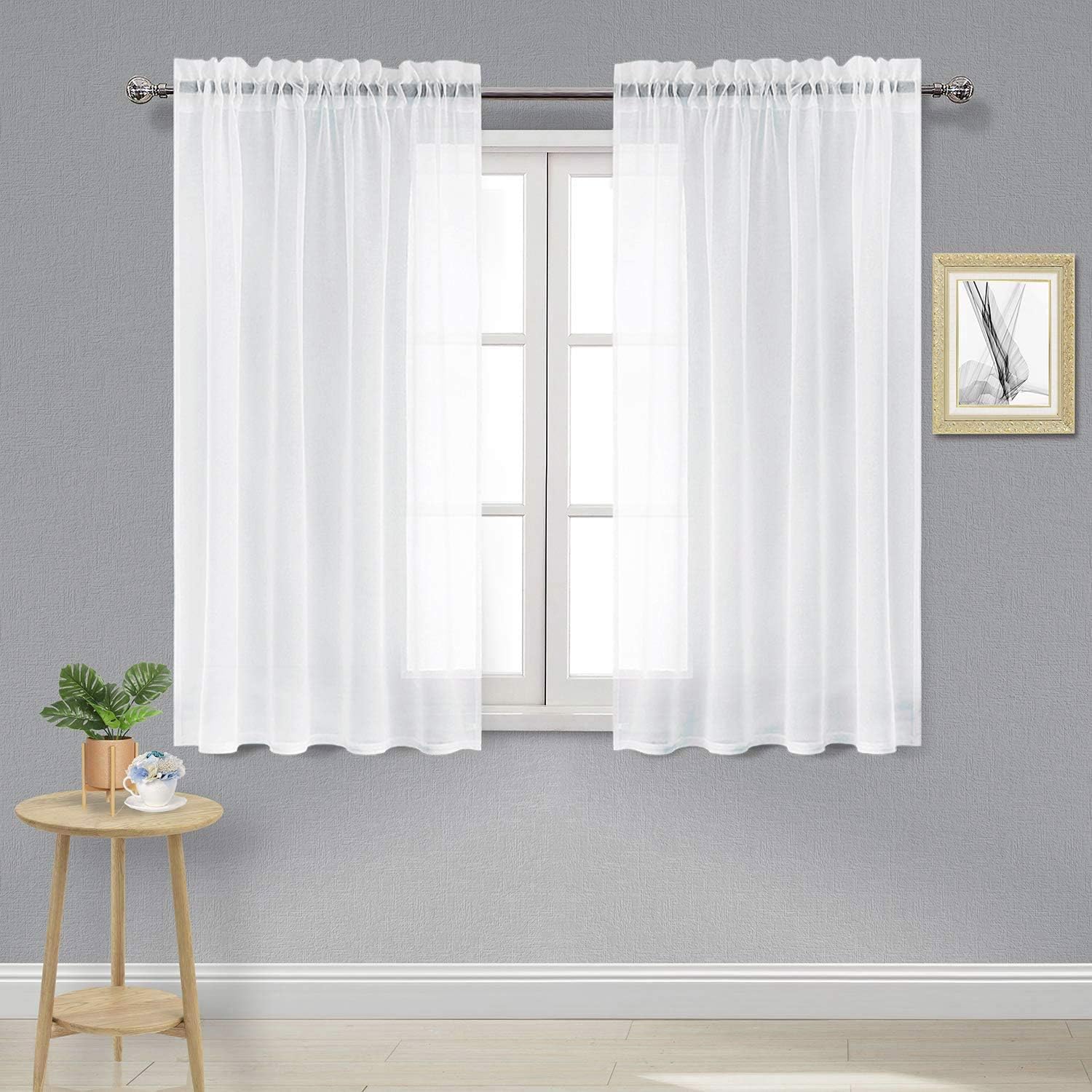 White Sheer Curtains Semi Transparent Voile Rod Pocket Curtains for Bedroom and Living Room, 52 x 54 inches Long, Set of 2 Panels