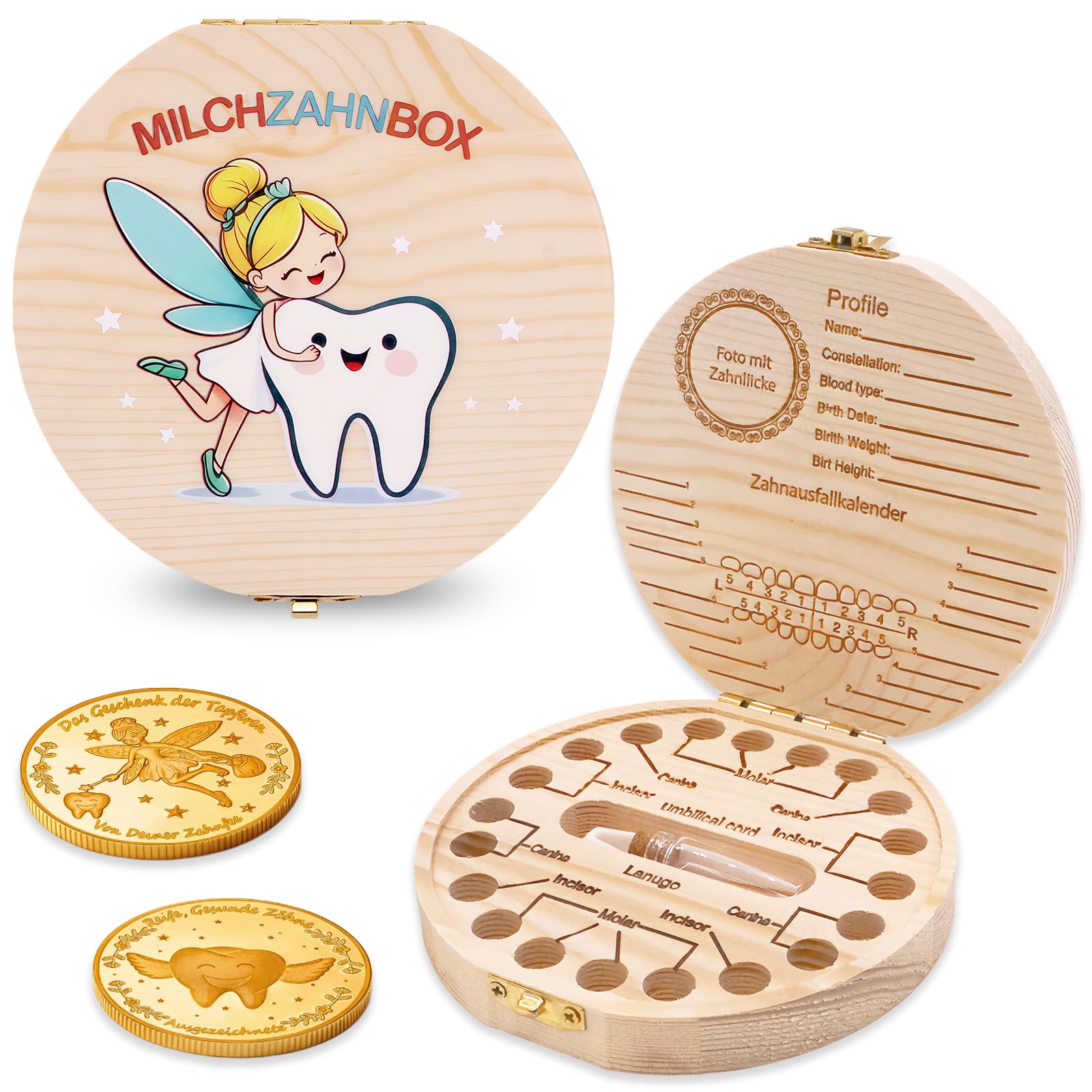 Caja de dientes de leche con motivos coloridos para niños y niñas, juego de regalo con 2 monedas, caja de dientes personalizable para dientes de leche, regalo para el tiempo