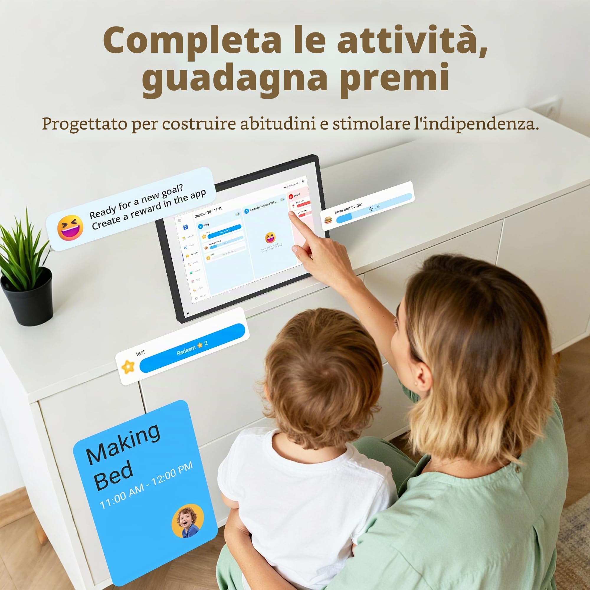 Calendario digitale da 25,4 cm, touch screen, calendario elettronico e grafico delle attività per pianificatore familiare mensile/settimanale, calendario intelligente interattivo con premi