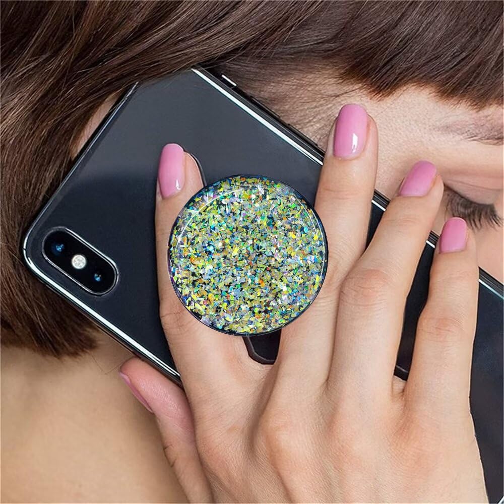 Magnetic Phone Handle Compatible with Phones, Foldable Phone Grip Stand for Smart Phones, Tablet Computers and Mobile Phone Accessories - Black Glitter Resin Powder Silver - Image 3