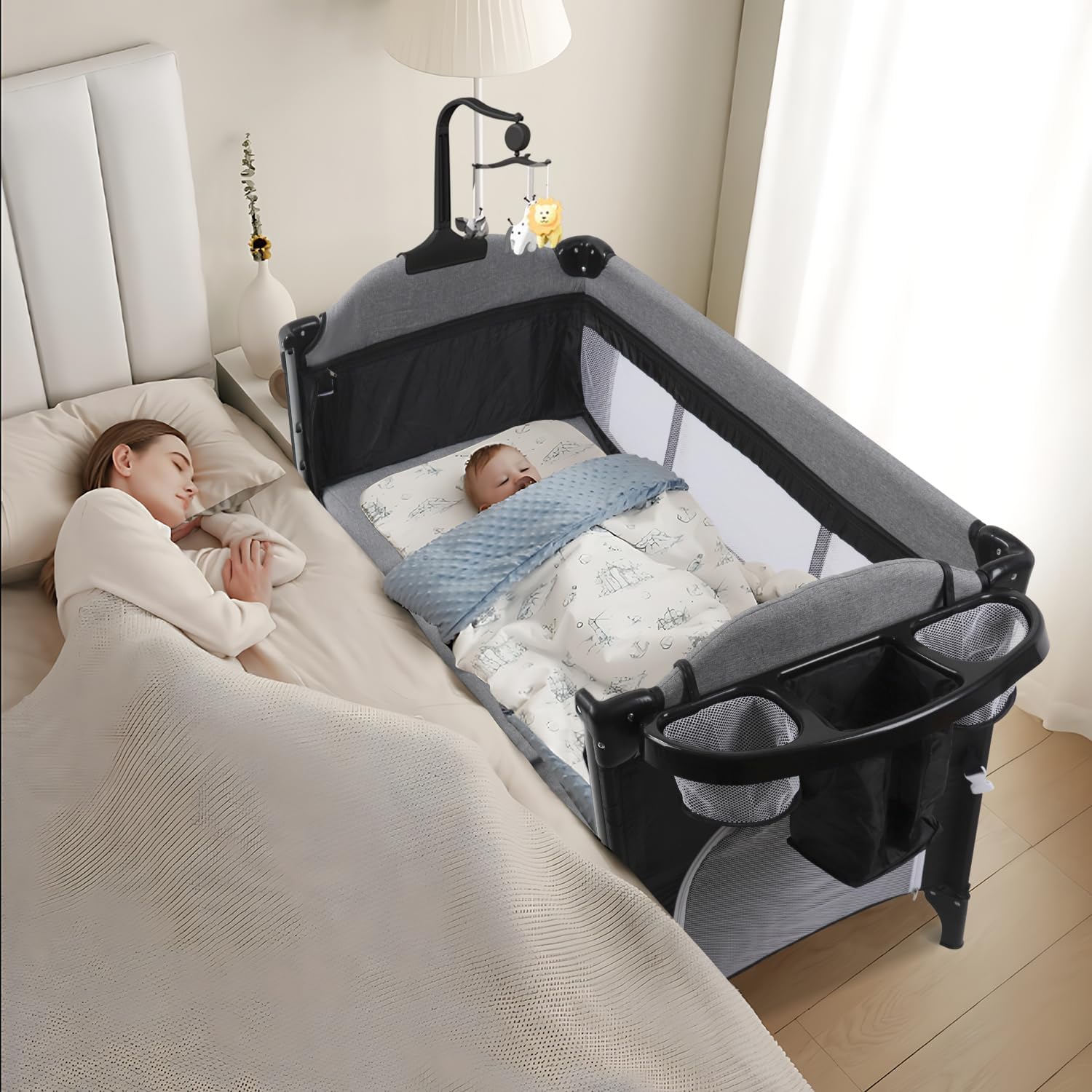 MMBABY Baby Bedside Crib,Pack and Play,Multifunction Portable Large Playard from Newborn to Toddlers,U-Shaped Diaper Changer