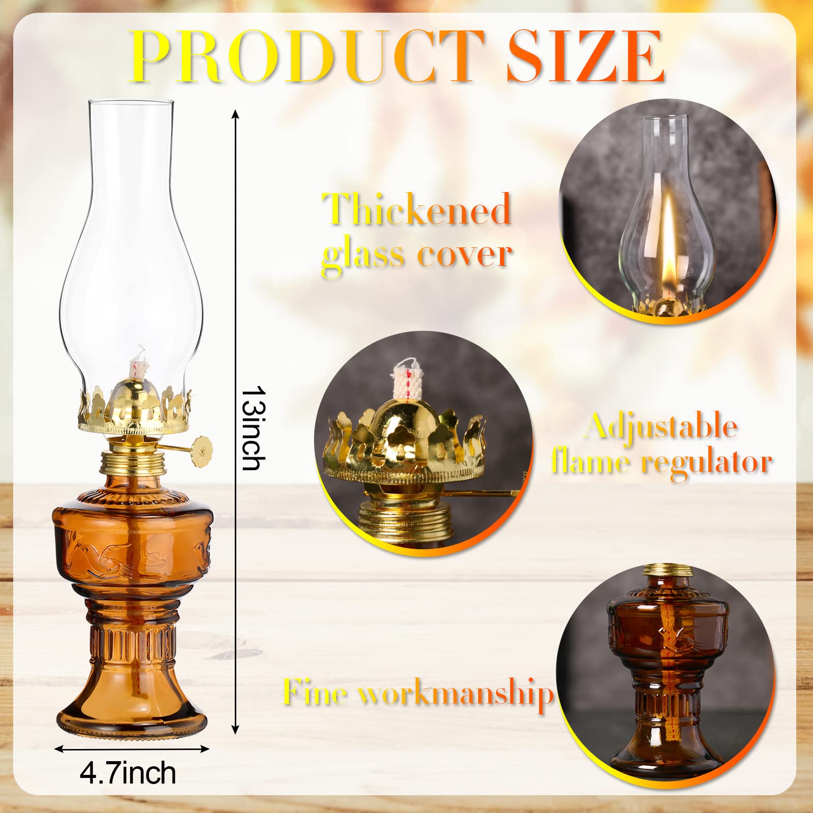 2 Pcs Chamber Oil Lamps for Indoor Use Vintage Kerosene Lamp Clear Hurricane Lamp Rustic Kerosene Lantern with Adjustable Fire Wick Lighting Oil Lantern for Home Emergency Lighting, 13'' High (Brown) 1