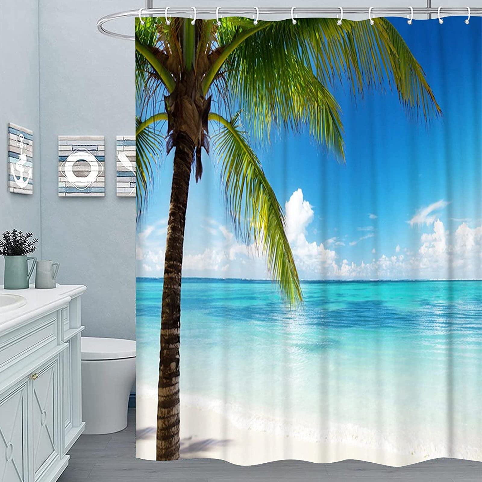 Tizhweqo 3D oceaan douchegordijn 120 x 180 cm, palmbladprint, anti-schimmel douchegordijnen, badgordijn, waterdichte polyester stof, decoratieve badkamergordijnen met haken