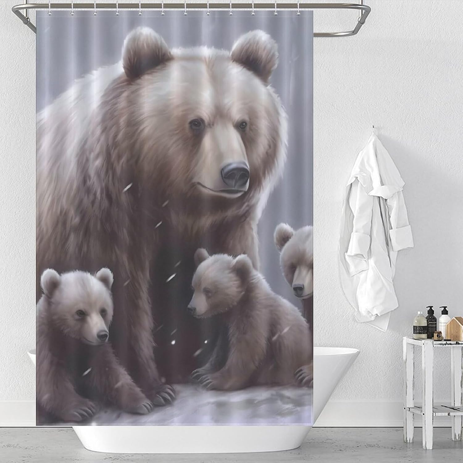 Bear Mama Little Winter Day Funny Shower Curtains Washable Bath Curtain Liner with Hooks for Bathroom Bath Tubs