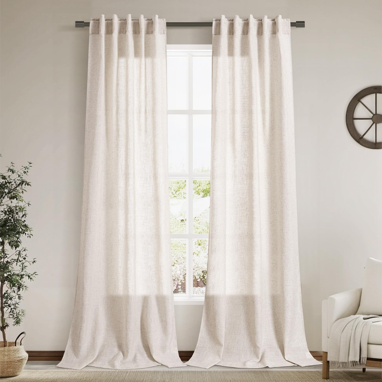 Photo 1 of Nanspring Linen 102 Inch Long Curtains for Living Room 2 Panels Back Tab Pocket Semi Sheer Light Filtering Curtains Bohemian Rustic Beige Solid Color Drapes for Sliding Glass Door Bedroom 40x102