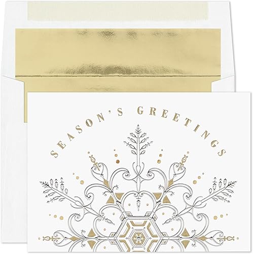 Masterpiece Studios 15 tarjetas de Navidad en caja con sobres forrados de aluminio, 5.6 x 7.8 pulgadas, copos de nieve plateados y dorados (964900)