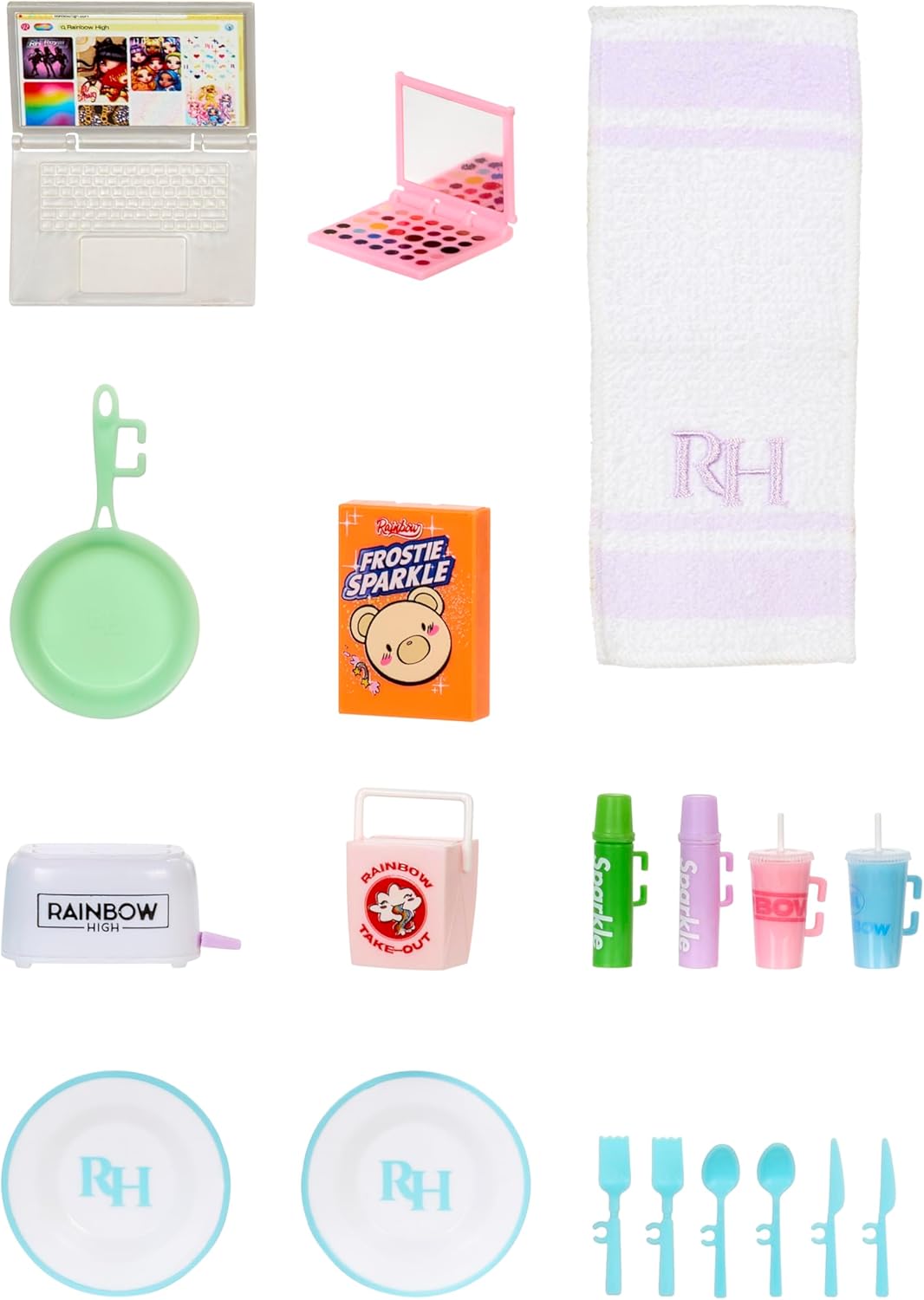 Assortment of dollhouse furniture including a refrigerator, stove, kitchen sink, table with chairs, sofa, toilet, sink vanity, and bed.