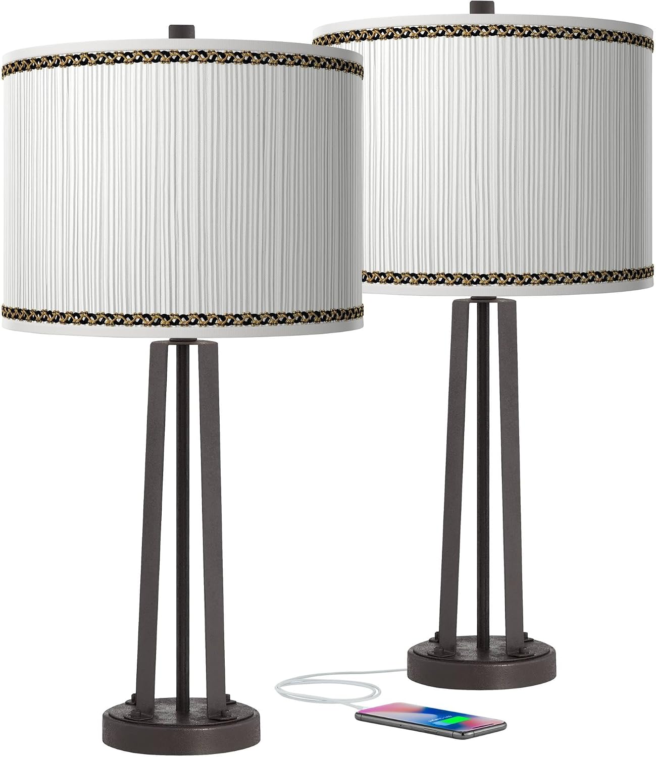 Giclee Glow Faux Pleated Giclee Print Modern Bronze USB Table Lamps Set of 2 with Print Shade