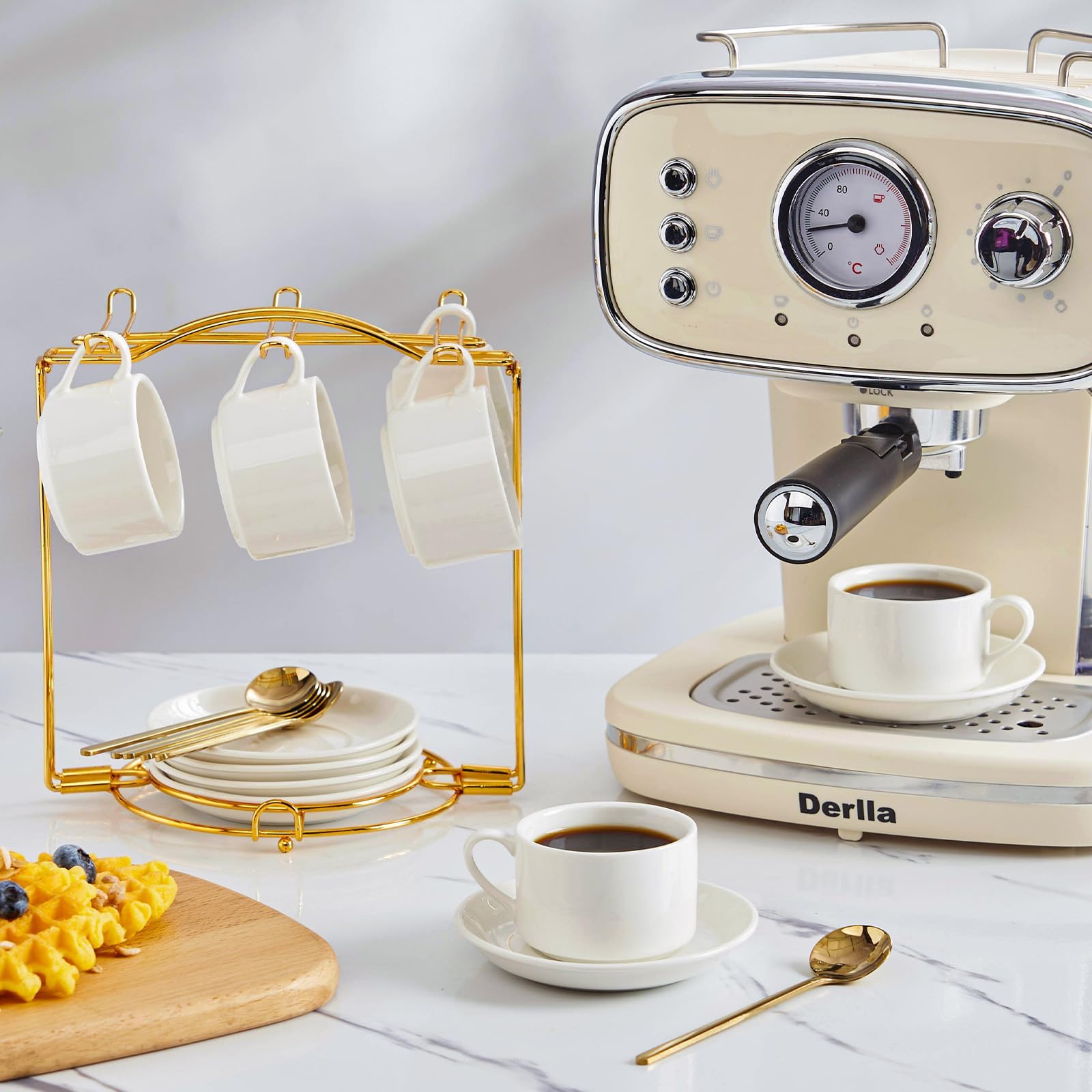 YOLIFE Espressotassen mit Untertassen, 70 ml, 6 Stück, mit goldfarbenem Metallständer | Kaffee stapelbare Espressotassen, Keramik Expresso Shots Tasse mit Ständer & Untertassen, Weiß