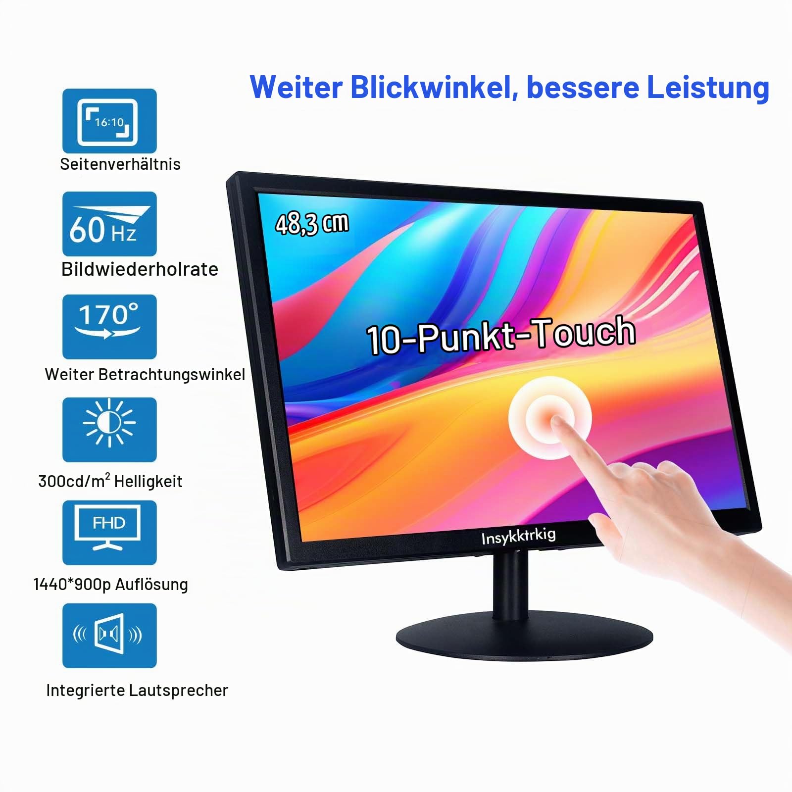 Touchscreen Monitor 19 Zoll FHD 1440x900 Multi-Touch Bildschirm Display 60Hz,VESA,Tilt Adjust,HDMI VGA Type-A Touch Anschluss mit LautsprecherKompatibel mit Laptop/Ras Pi/Windows/Computer