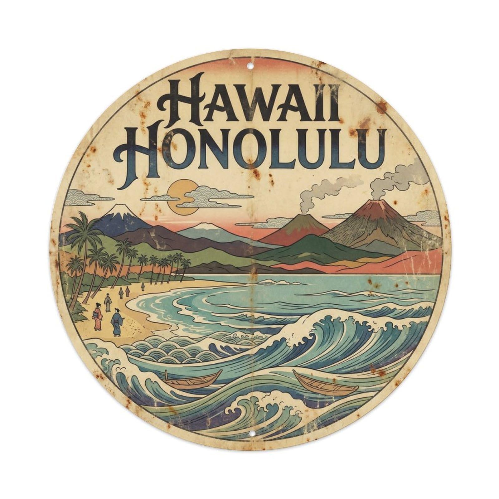 Hawaii Honolulu Island Woodblock Destination Metal Tin Sign