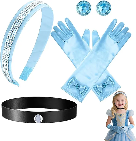 Cinderella Accessories for Girls - 4 PCS Rhinestone Crown, Headband, Choker Necklace, Gloves & Earrings for Dress-Up, Birthday Parties, Halloween & Cosplay (Blue)