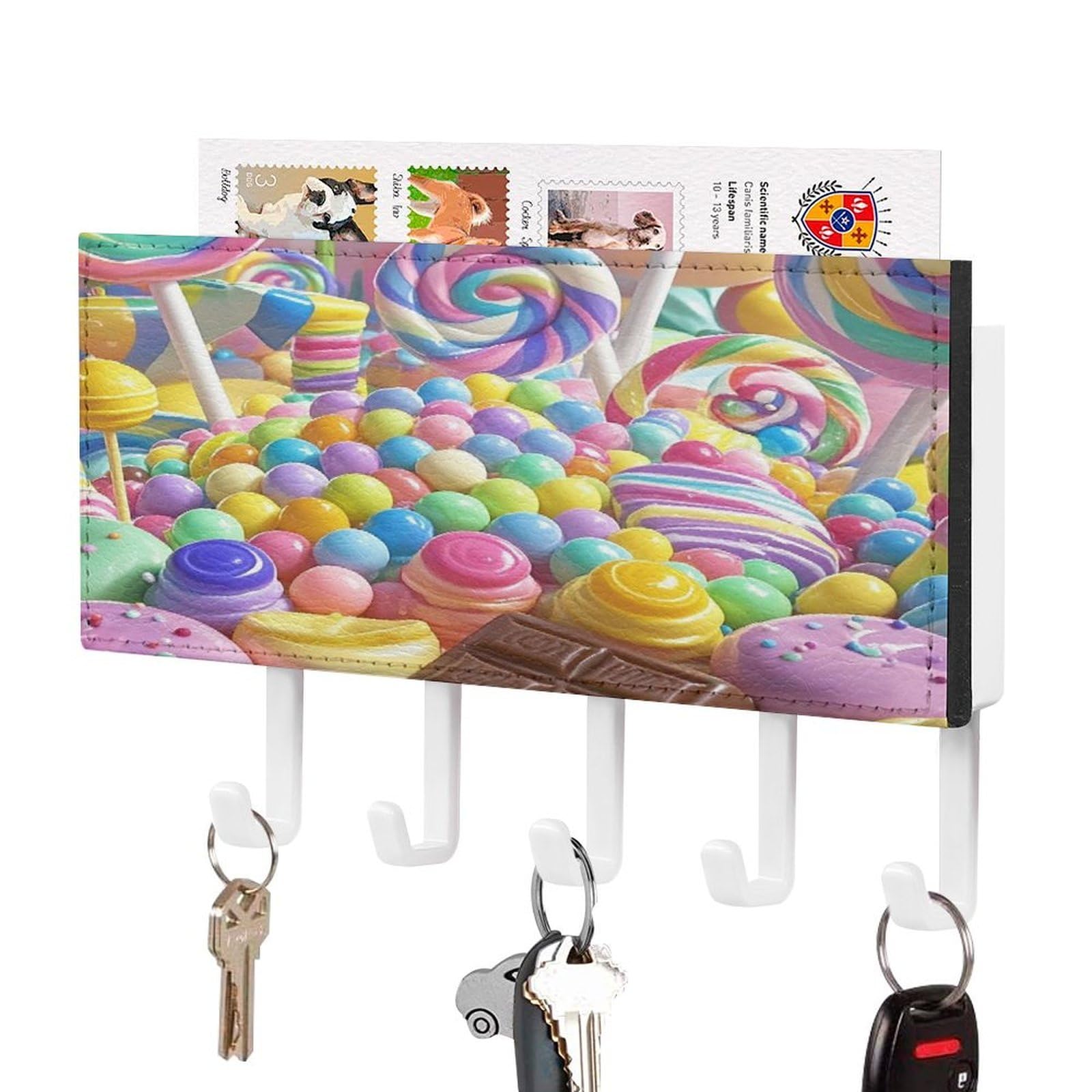 Lzqpoeas White-Style Candy Key Holder Wall Mount With Mail Organizer Fashion Adhesive Key Hanger With 5 Hooks No Drill Pu Leather Key Organizer Rack For Entryway Kitchen Hallway Decor